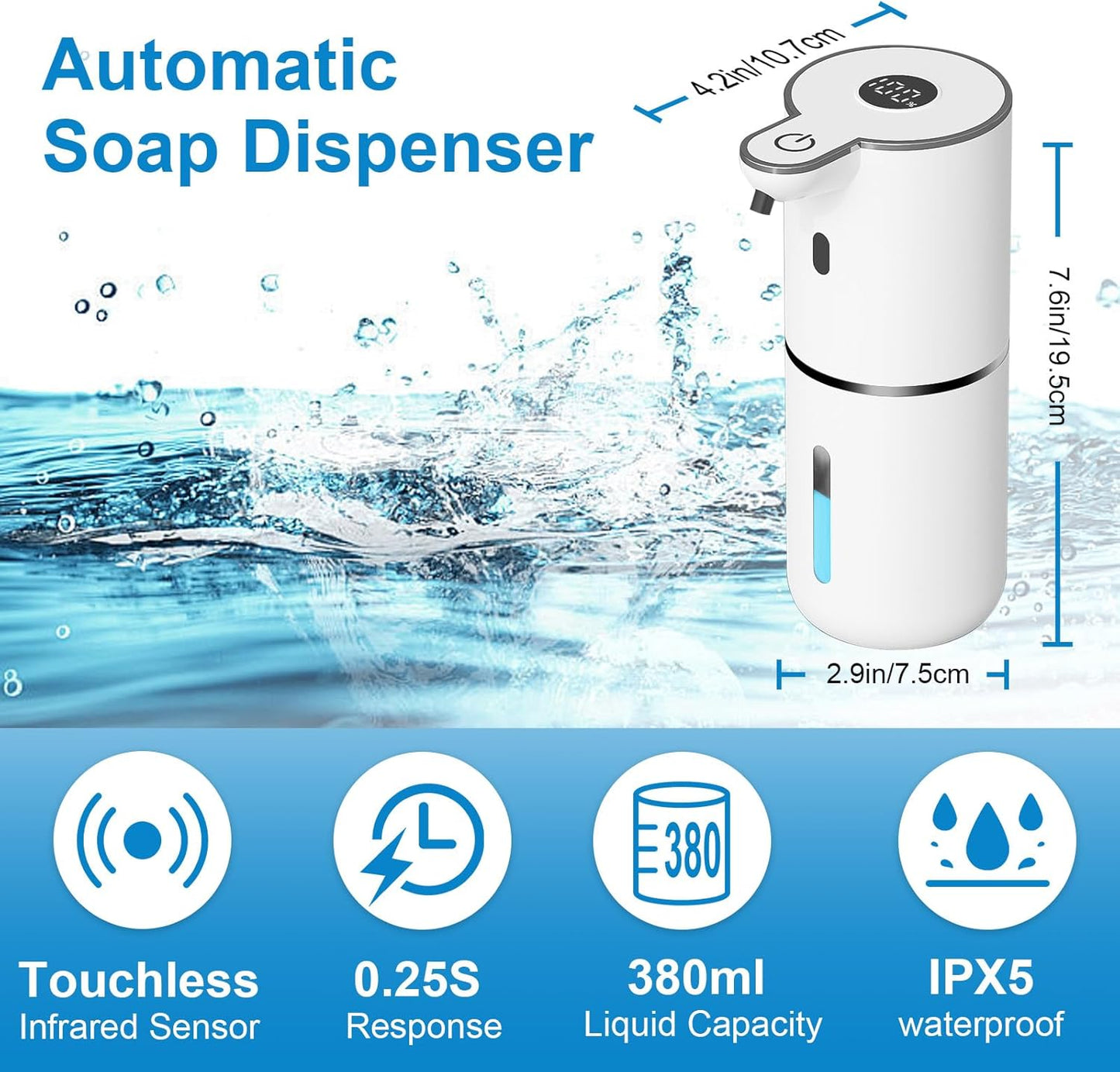 Automatic Liquid Soap Dispenser Touchless, USB Rechargeable Smart Hand Soap Dispenser, 6-Level Adjustable, 12.8oz/380mL Wall Mounted for Bathroom Kitchen Dish Soap