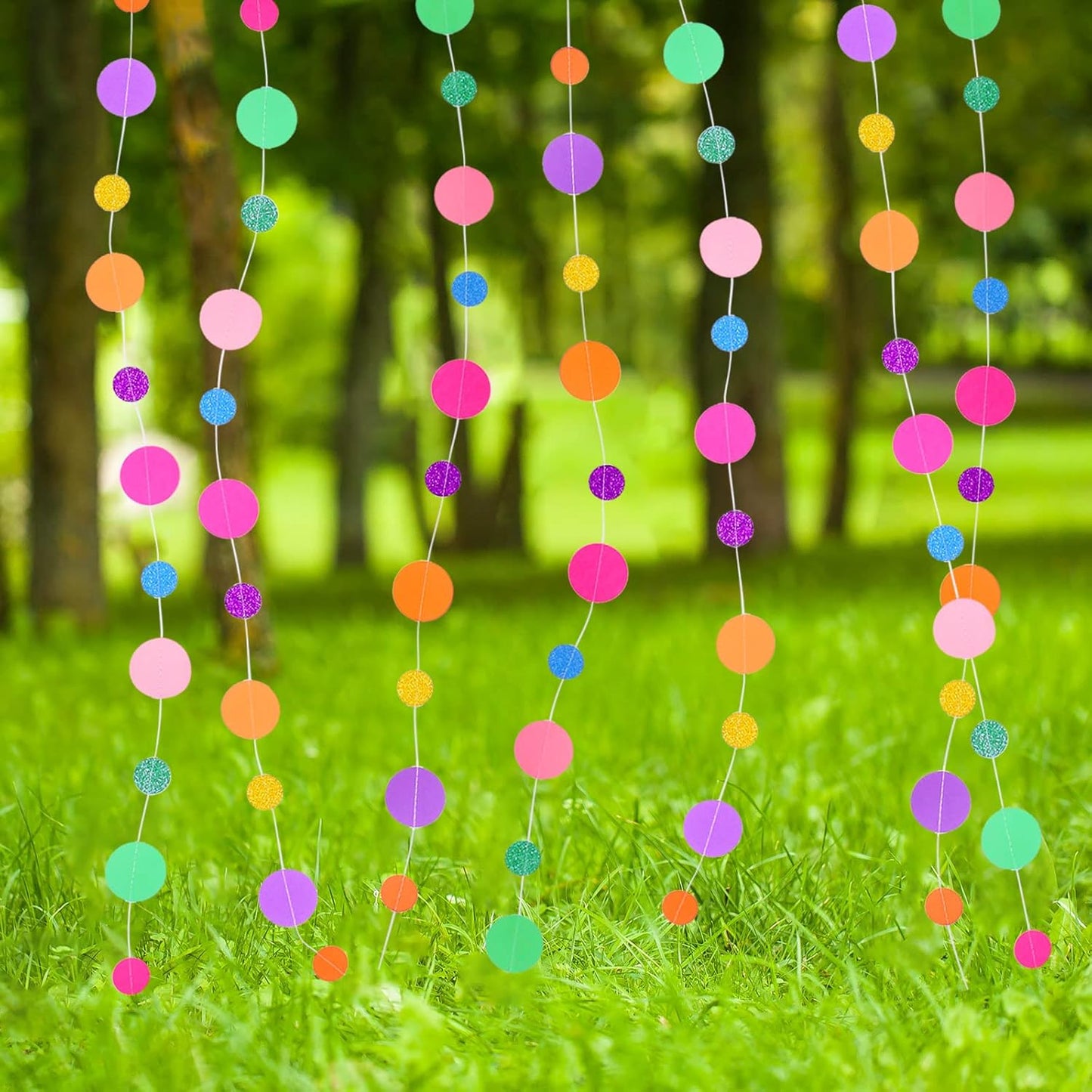 Outus 10 Pieces Colorful Dots Paper Garland Round Glitter Garland Hanging Confetti Streamers Backdrop Decoration for Birthday Classroom Candy Sprinkles Trunk or Treat Party (Rainbow)