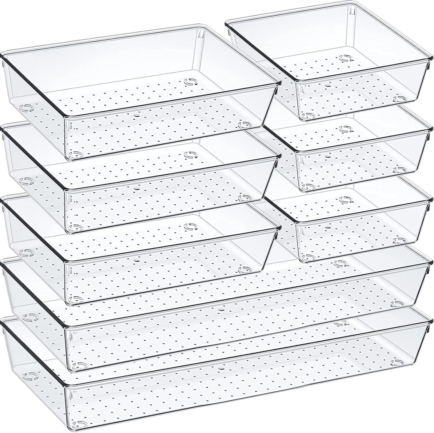 Criusia Drawer Organizer Set, Acrylic Non Slip Non Cracking Kitchen Drawer Storage Tray Large Size Divider, Multifunctional Storage for Cosmetics, Bathroom, Tools, Kitchen and Office (8 PACK)