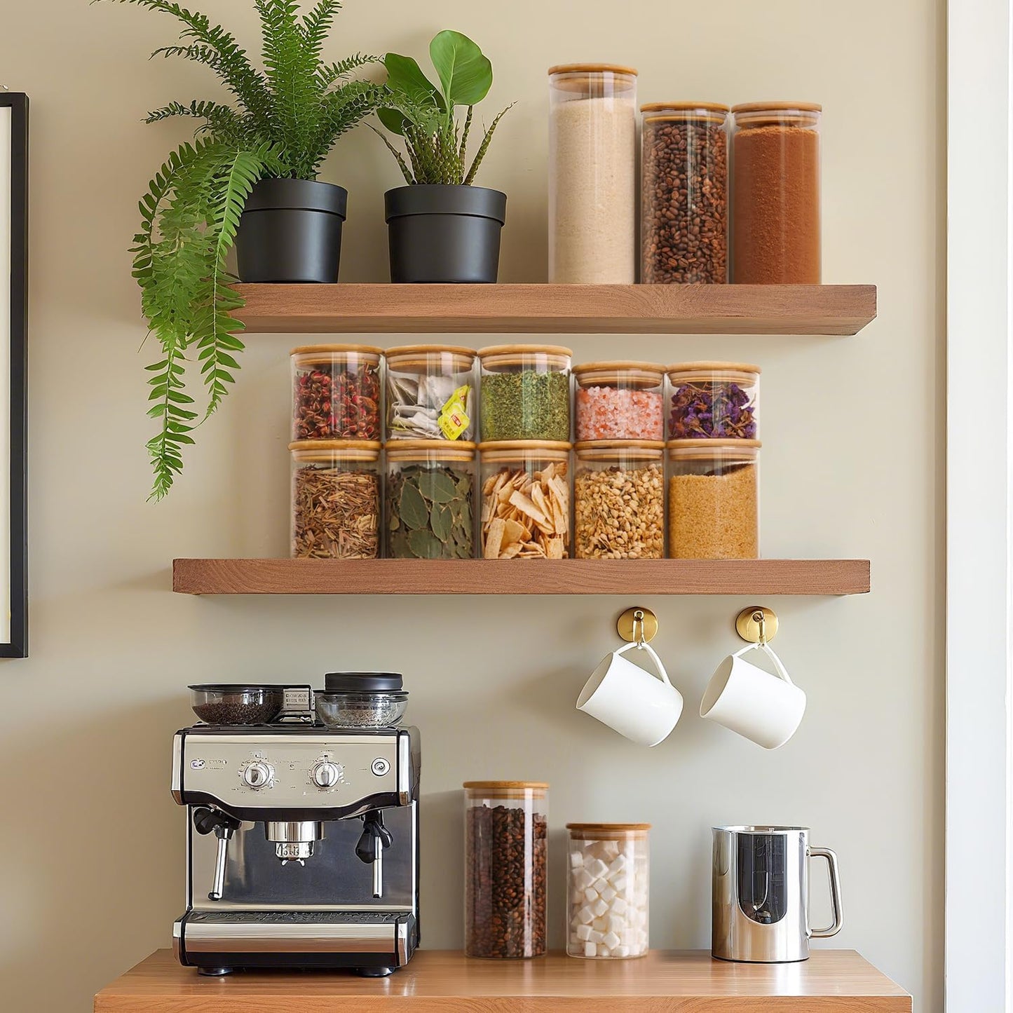 ComSaf Airtight Glass Storage Canister with Wood Lid(1.5 Qt), Set of 3 Glass Jars with Lids, Clear Food Storage Container Jar with Sealing Lids for Dry Food Cereal Oat Sugar Tea Coffee Beans, Round