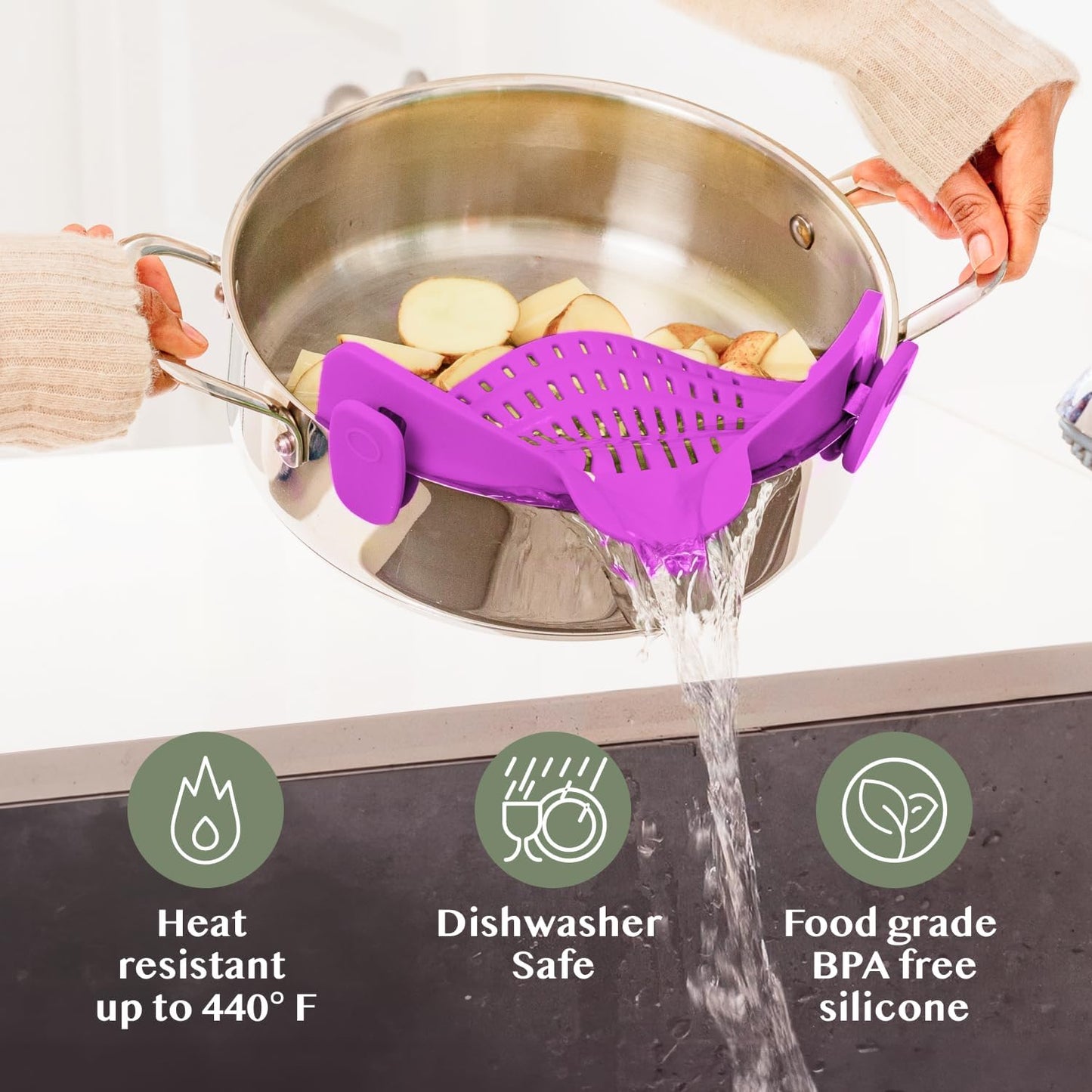 Kitchen Gizmo Snap N Strain Pot and Pasta Strainer - Strainers and Colanders - Adjustable Silicone Clip On Strainer for Pots, Pans, and Bowls - Kitchen Colander - Purple