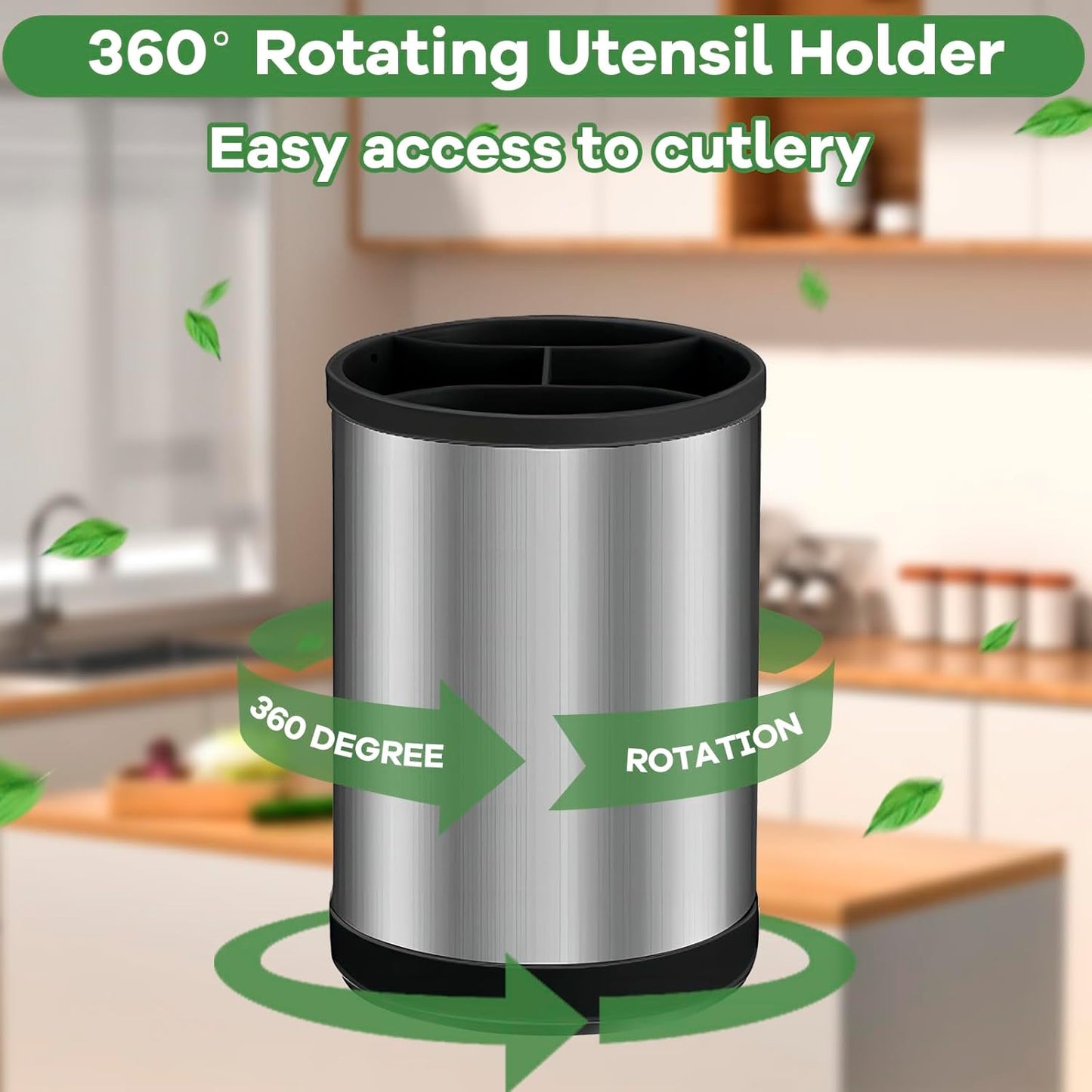 Kitchen Utensil Holder for Countertop, 360°Rotating Cooking Utensil Crocks，4 Compartment Stainless Steel Utensil Holder,6.7”Large Utensil Crock Spoon Fork Knife Holder For Kitchen Counter (khaki)