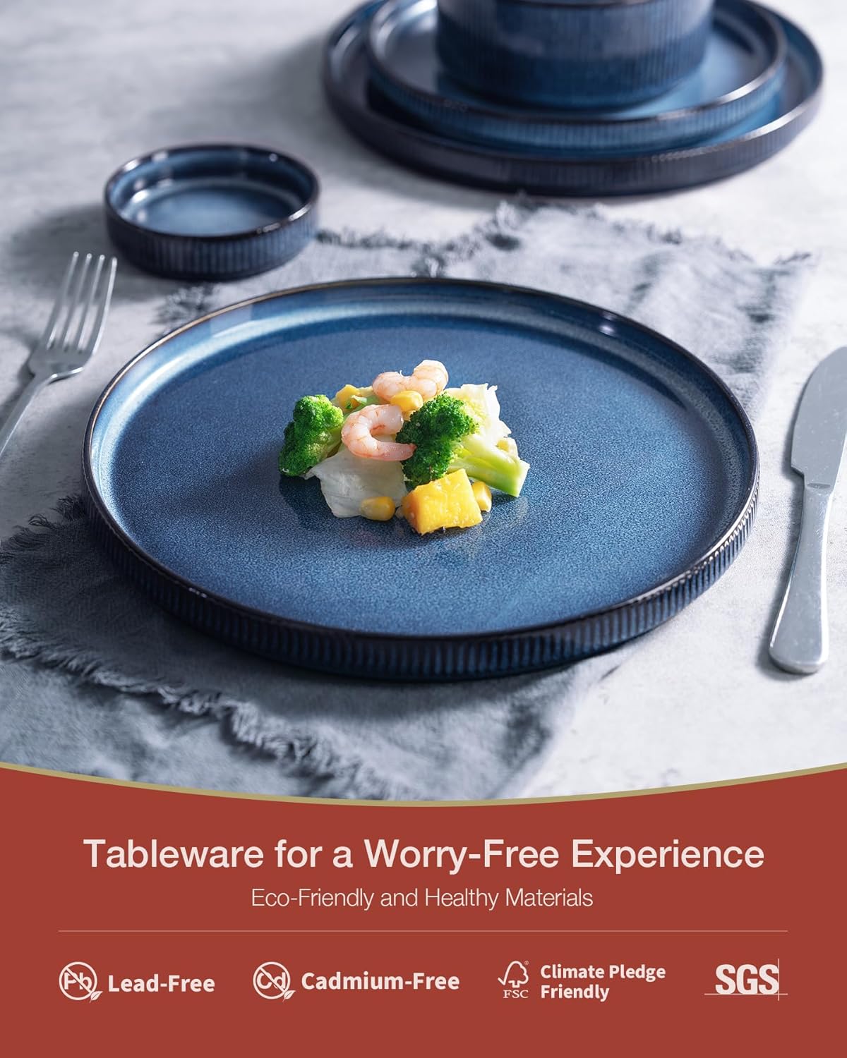 Famiware Star Dinnerware Set with Mugs, Service for 4 (16pcs), Ribbed Stoneware Plates and Bowls Dishes Sets - Chip & Scratch Resistant, Microwave & Dishwasher Safe, Nebulas Blue