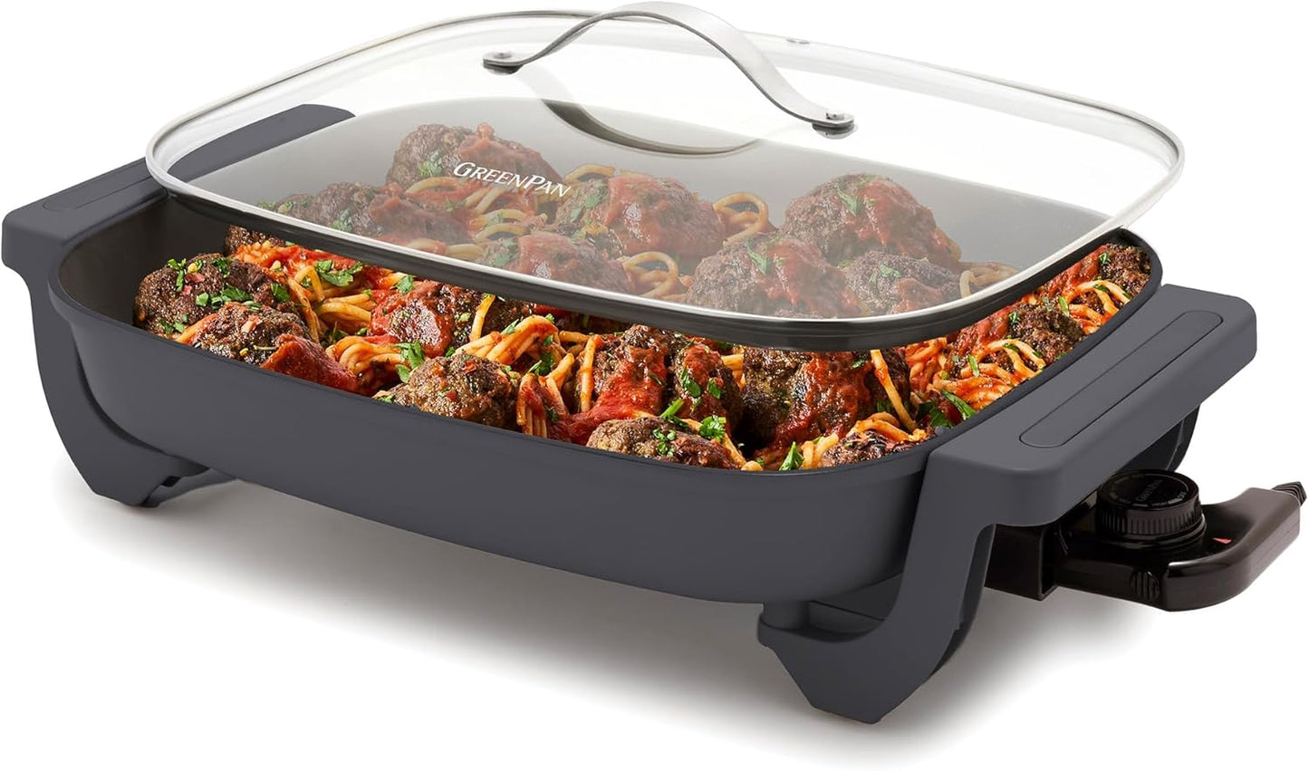 GreenPan Advanced 12” X 15” Electric Skillet with Lid, 7QT Capacity for Family Meals, Healthy Ceramic Nonstick PFAS-Free Coating, Fry, Sauté, Steam, Simmer, Sear, Stir Fry, Dishwasher Safe, Graphite