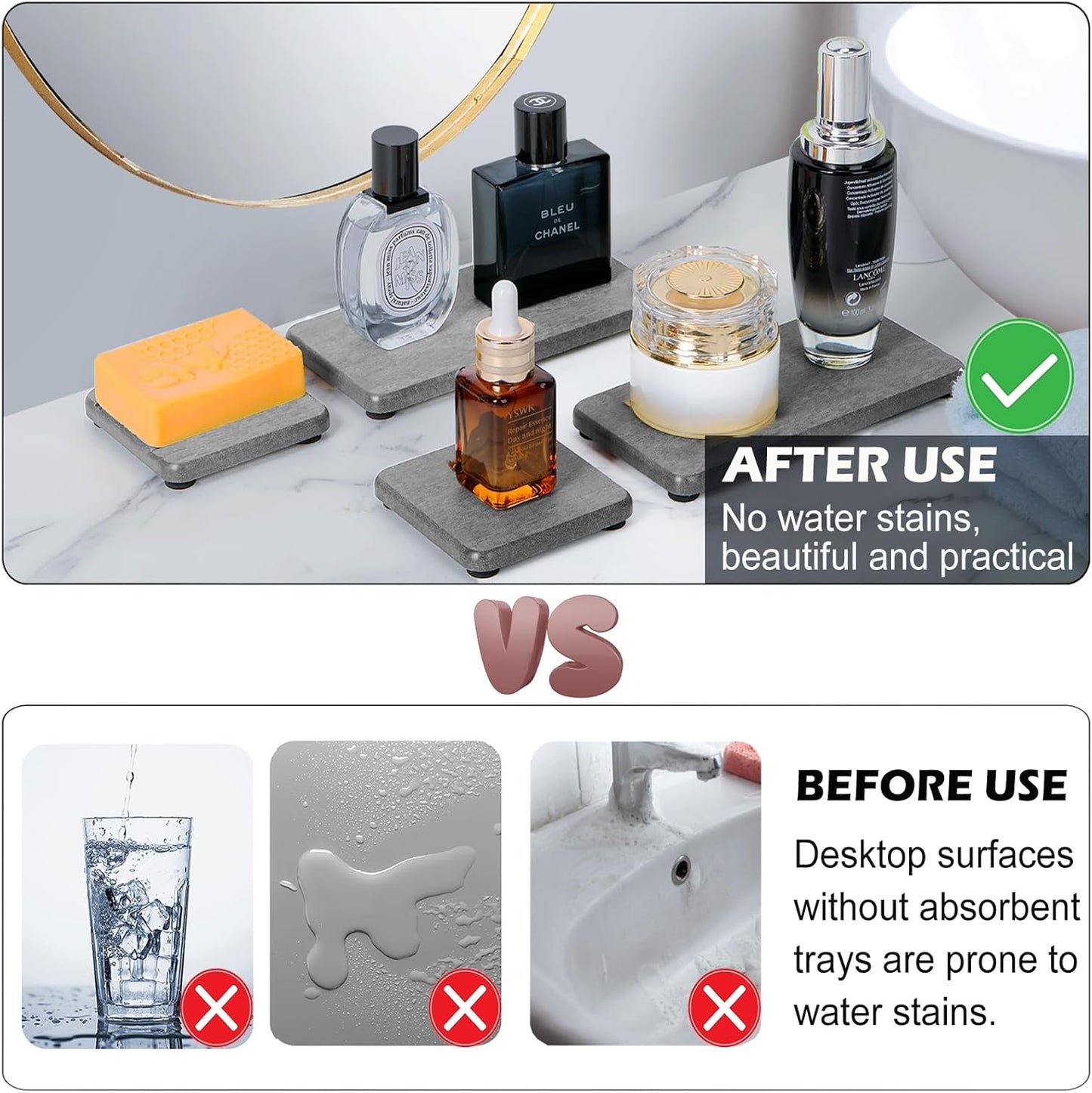 4PCS Water Absorbing Stone Tray, Stone Drying Tray for Bathroom Sink and Kitchen Counter, Fast Drying Diatomite Sink Coasters, Diatomaceous Coaster, Soap Dish Holders