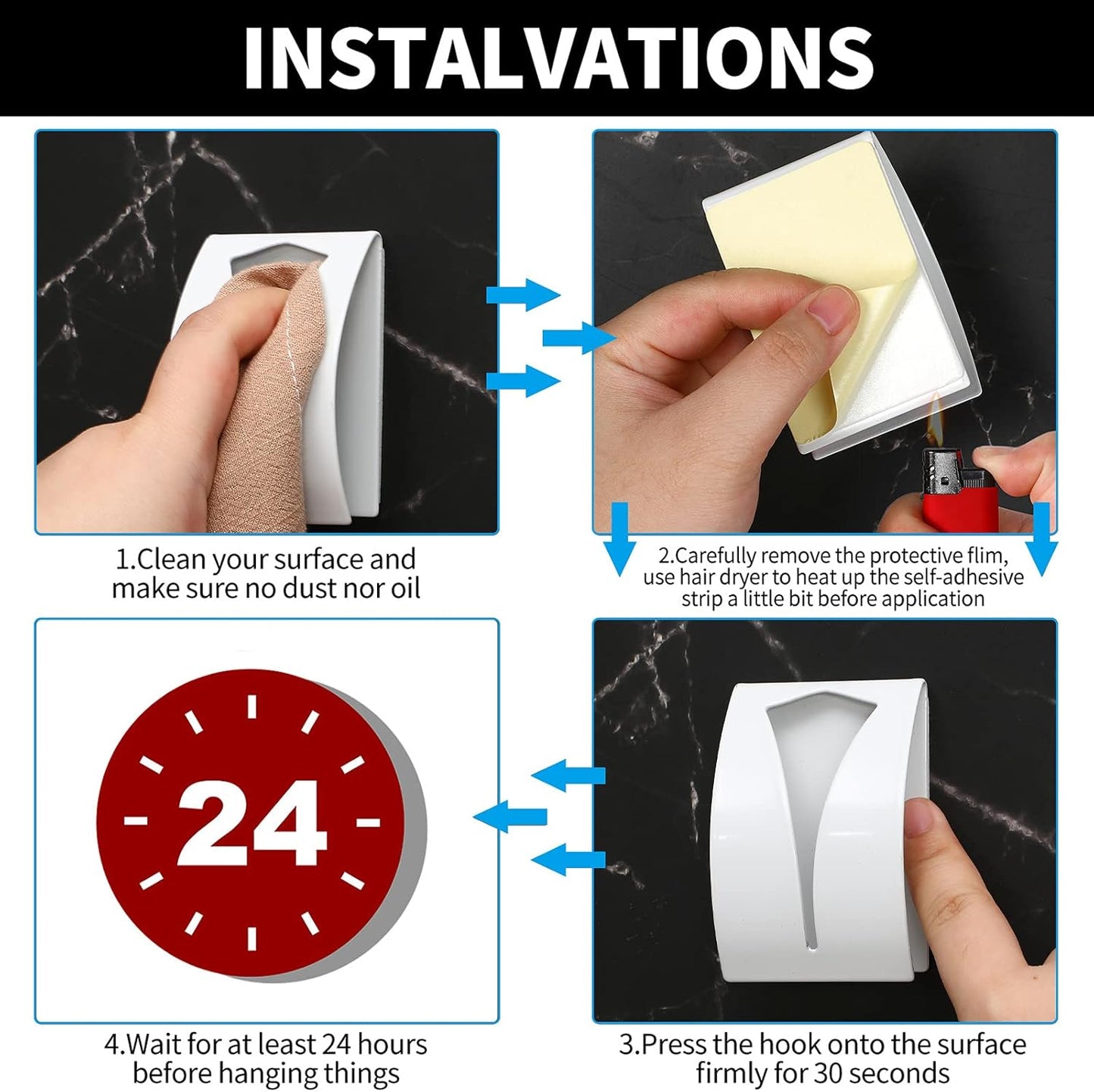 Boao 4 Pcs Self Adhesive Towel Hook Holder Grabber Stainless Steel Kitchen Dish Towel Hook Wall Mount Non Drilling Hangers Rack Hand Tea Holders for Bathroom Accesories Kitchen Gadgets(White)