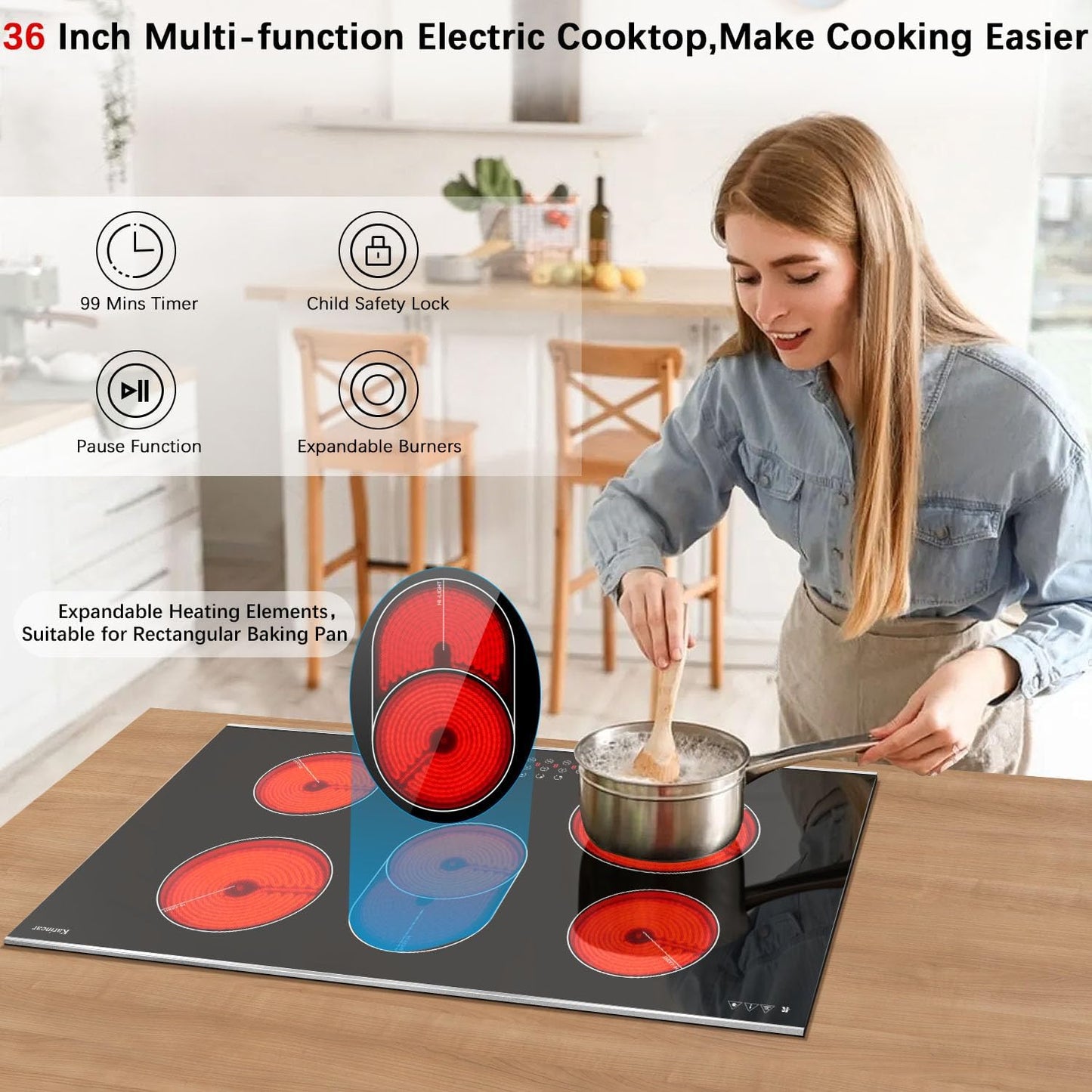 Karinear Electric Cooktop 36 Inch, 5 Burners Electric Stove Top, Built-in Glass Radiant Electric Ceramic Cooktop, Expandable Zones, Lock, Timer, Pause, Metal Edged Protection, 8400W 220~240v Hardwired