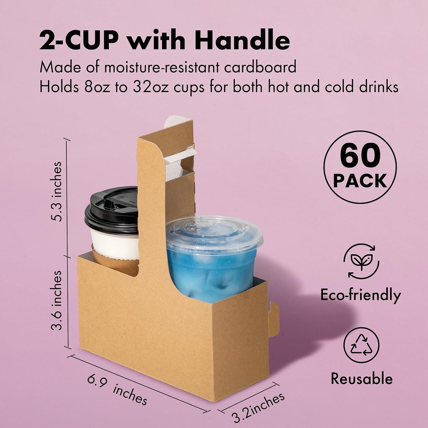 FMP Brands 2 Cup Disposable Drink Carrier with Handle, 60 Pack Kraft Paperboard Handled Drink Carriers 12-30 oz to Go Coffee Cup Holder, Cup Carrier for Cold Hot Drinks, Takeout, Cafe