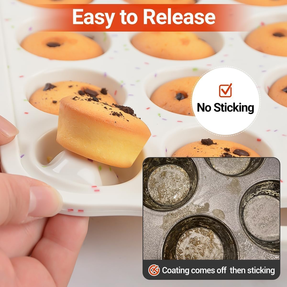 Mini Muffin Pan, Metal Reinforced Frame Mini Cupcake Pans 24 Cups Nonstick Muffin Silicone Molds with Handle for Baking Muffins, Cupcakes, Egg Bites 2 Pack