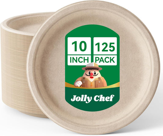 JOLLY CHEF Compostable Heavy Duty Plates 𝟭𝟬 𝗜𝗻𝗰𝗵 [𝟭𝟮𝟱 𝗣𝗮𝗰𝗸] Eco-Friendly Disposable Paper Plates Made of Bagasse Biodegradable Bulk for Party Dinner Sugarcane Fibers Round (Natural)