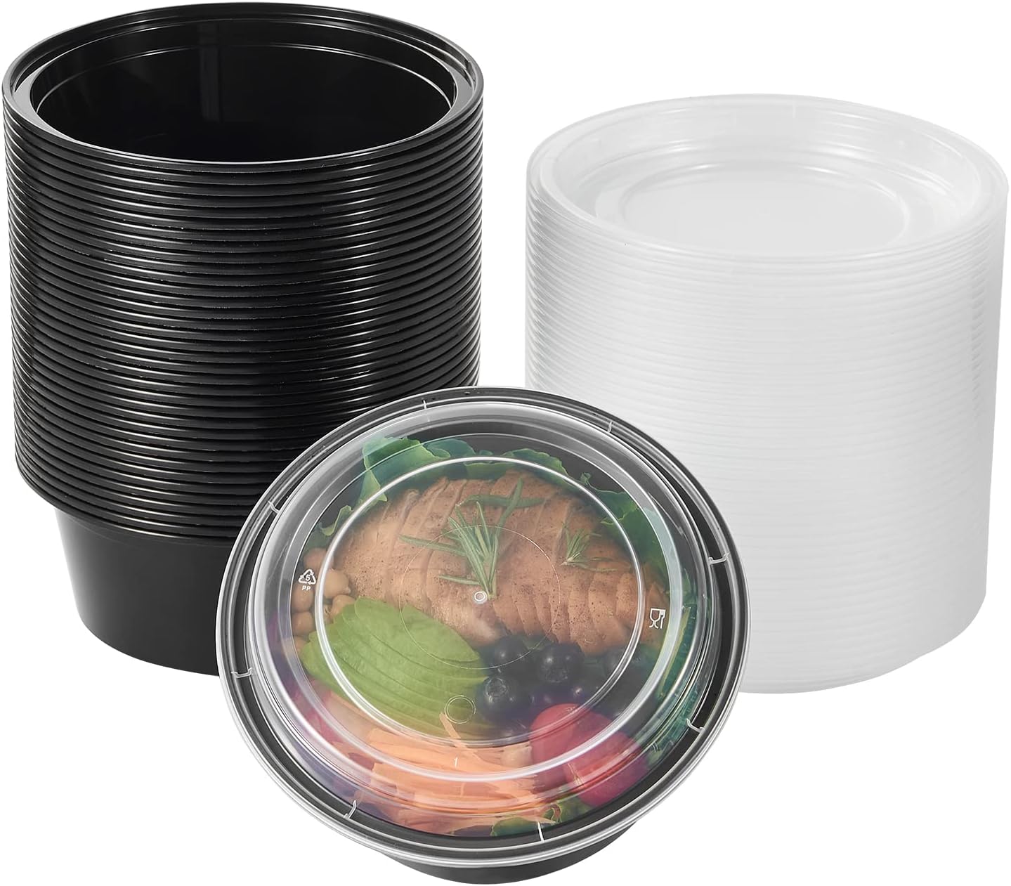 FULING 38 oz 150 ct Round Meal Prep Containers with Lids Plastic Food Storage To Go Lunch Plan Box Disposable Take Out Bowls Black BPA Free Reusable Durable Stackable Microwave Freezer Dishwasher Safe