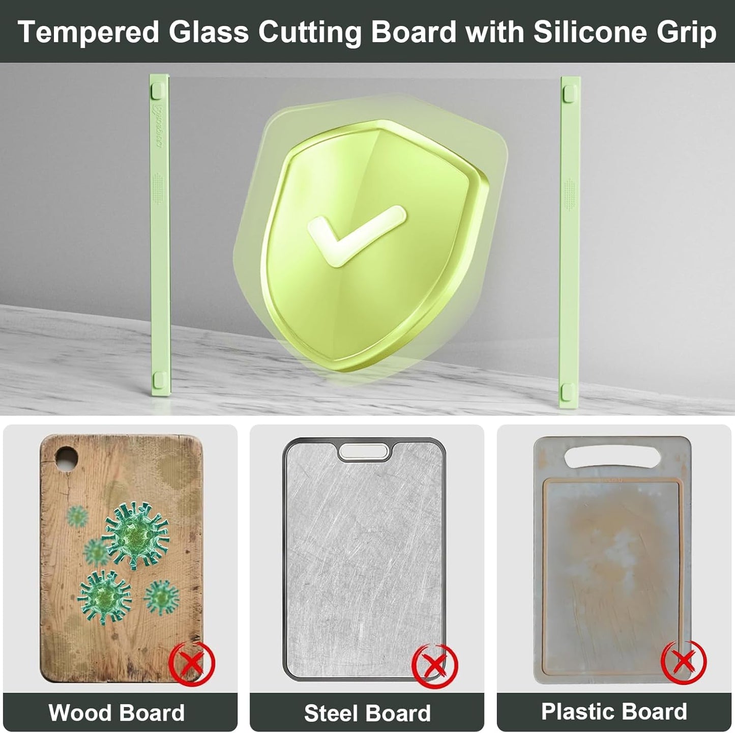Glass Cutting Board with Silicone Grip, 80% Stronger Shatter Resistance and Slip Resistance,No Scratches/Microplastic-Free,Dishwasher Safe, Non Toxic Cutting Board for Kitchen (Green-2PCS)