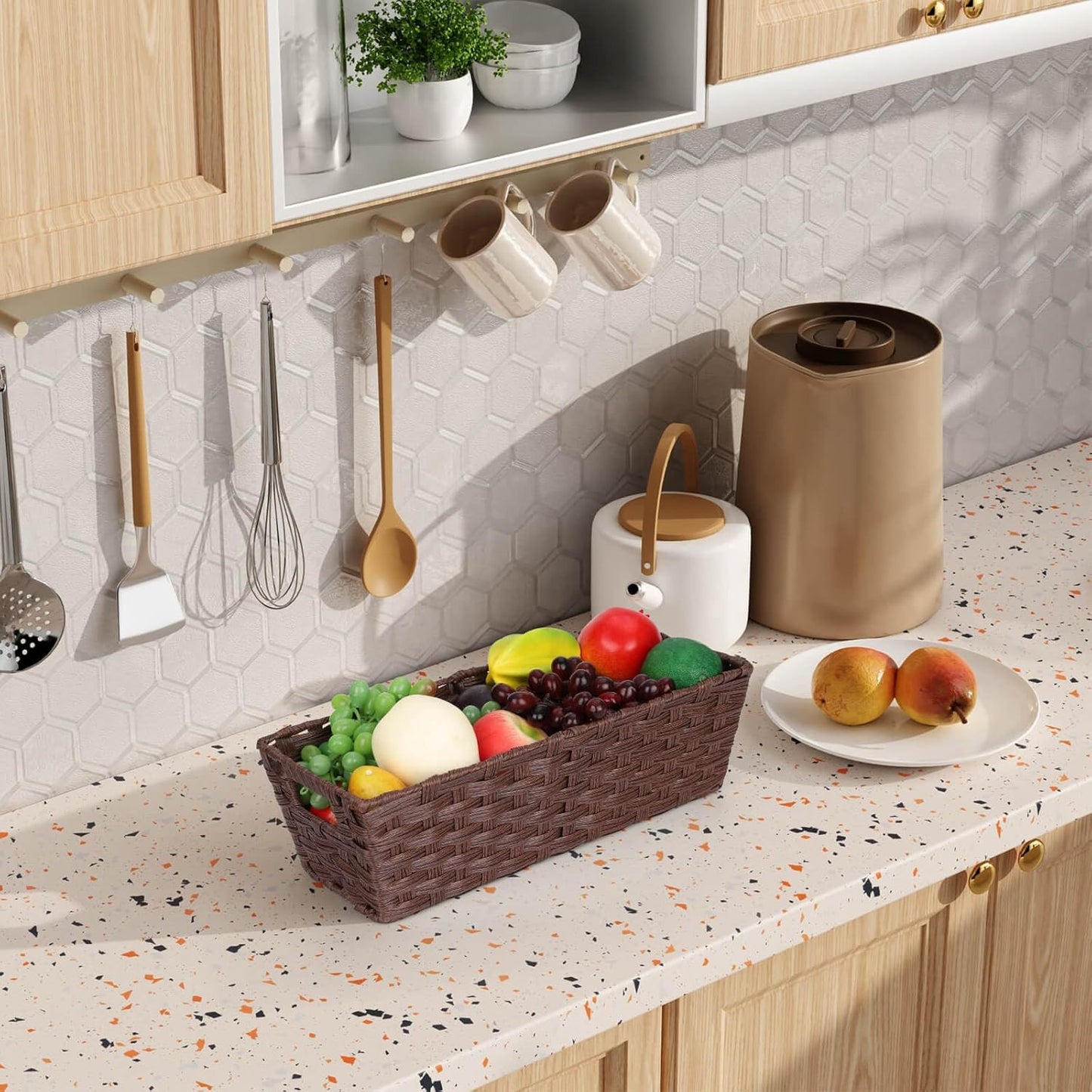 Plastic Wicker Storage Baskets - Toilet Tank & Bathroom Baskets, Woven for Organizing, Brown, 15¾" x 6¾" x 4¾", 2-Pack