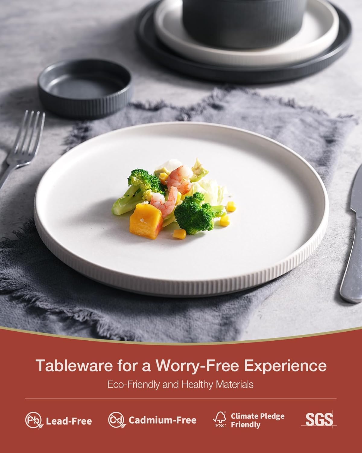 Famiware Star Dinnerware Set, Plates and Bowls Sets for 4 (12pcs), Ribbed Stoneware Dishes - Chip & Scratch Resistant, Microwave & Dishwasher Safe, Multicolor - Matte White & Matte Dark Charcoal