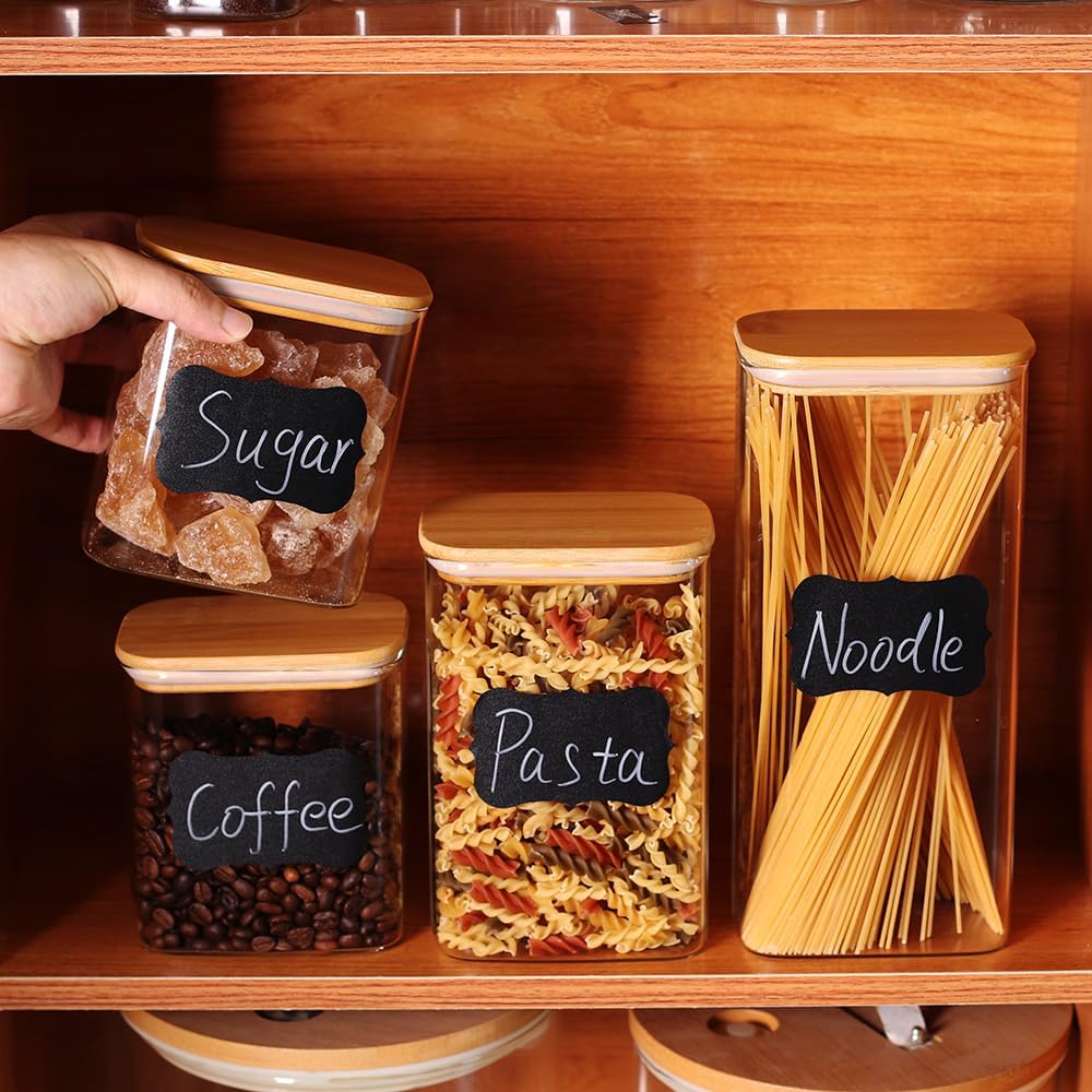 Glass Food Storage Containers with Lids 50 OZ, Set of 4 Canisters for Pantry, Cereal, Flour & Rice, Rectangle Jar with Bamboo Airtight Lids - Ideal for Kitchen Organization