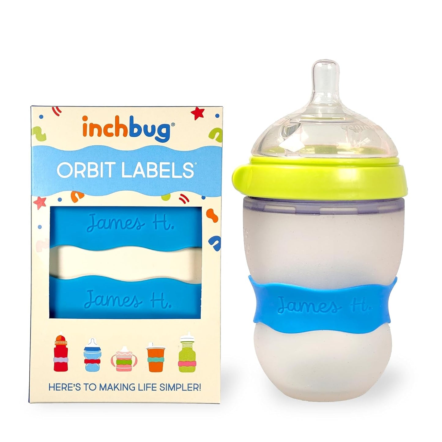 InchBug Orbit Labels - Baby Bottle Name Labels for Daycare, Sippy Cup Bands - Engraved Silicone, Reusable, Dishwasher Safe, Matching Color Personalization, 4-Pack (Deep Sky Blue)