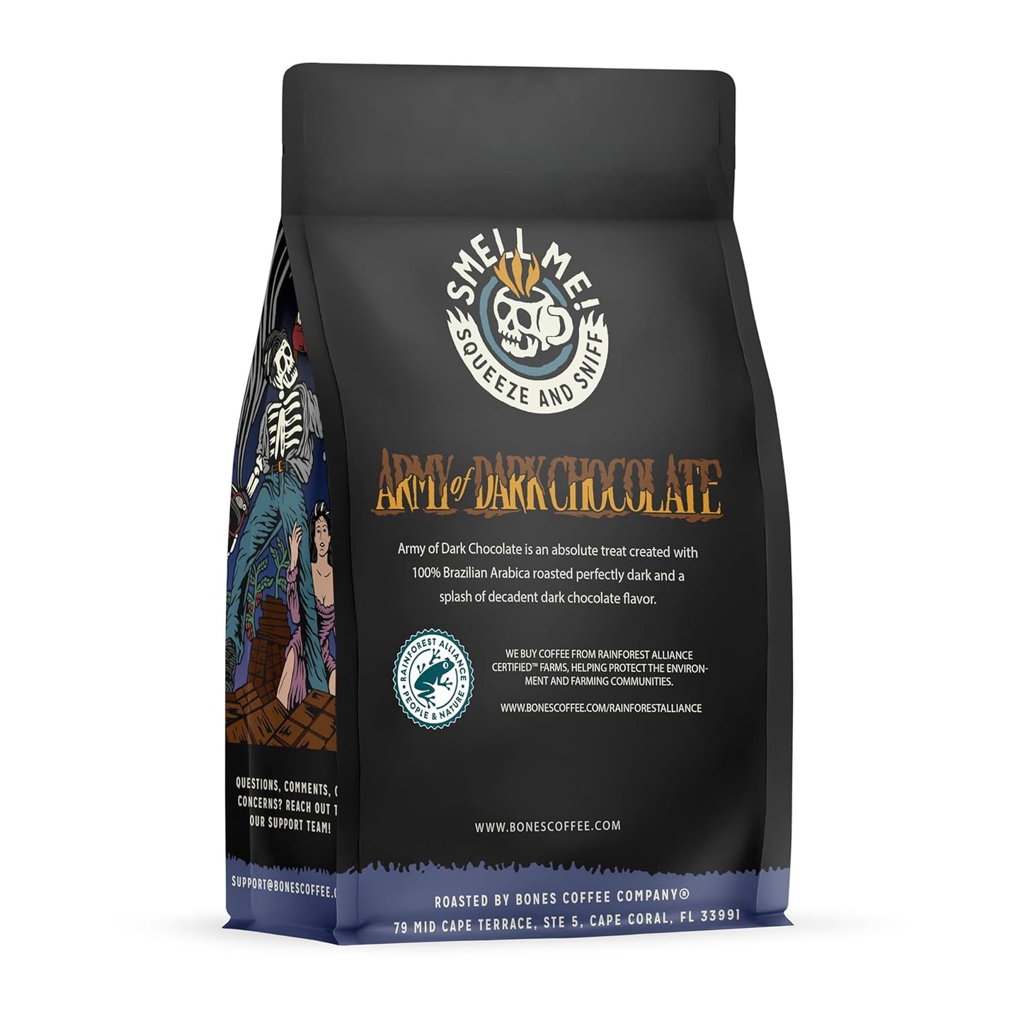 Bones Coffee Company Army of the Dark Chocolate Flavored Coffee, Medium Roast Low Acid Arabica Beans Compatible with Auto drip and French Press Coffee Maker, 12 Oz Ground