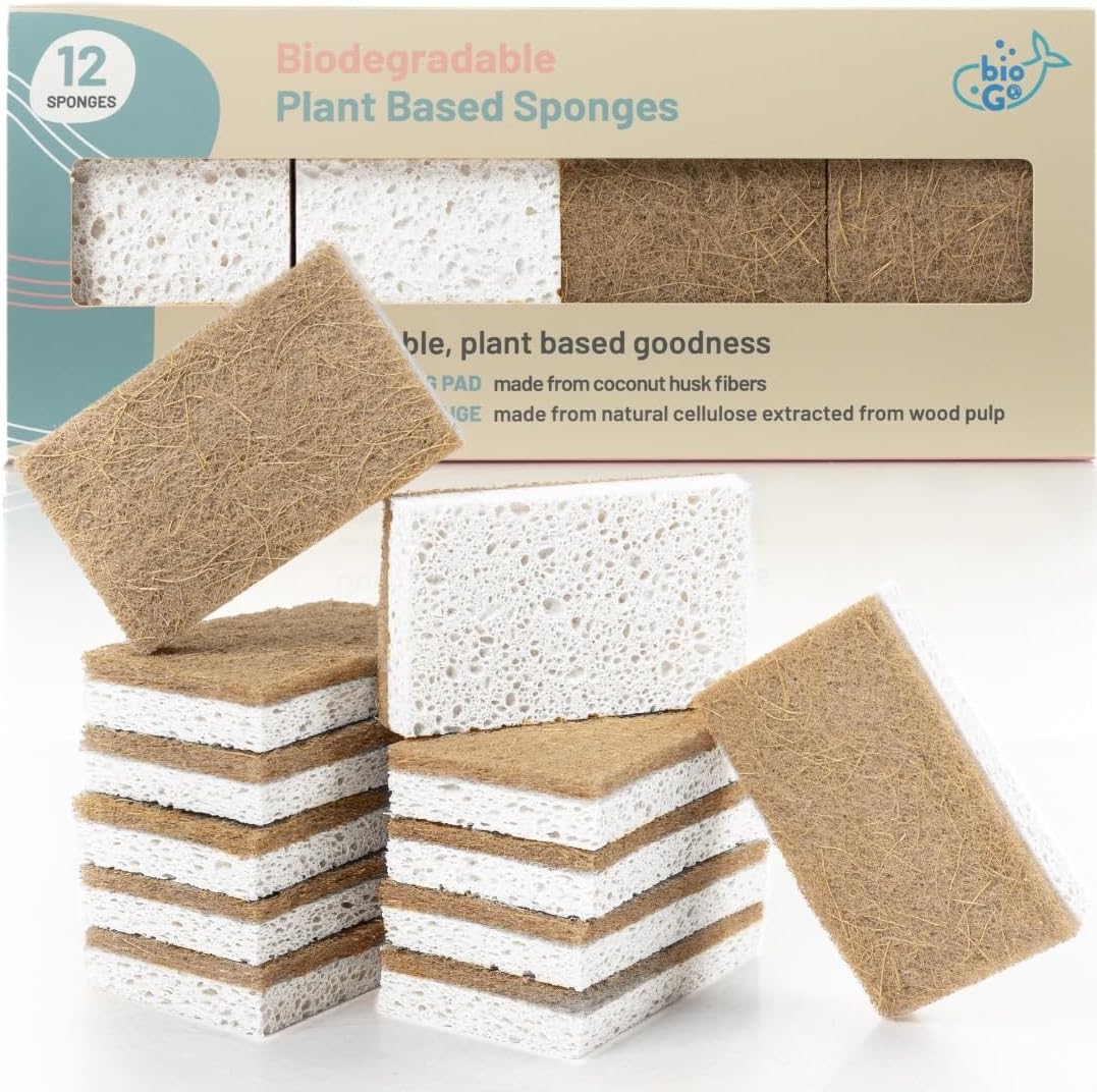 bioGo White 12 Pack Biodegradable Kitchen Sponge - Eco-Friendly, Compostable, Natural Cellulose Dish - Compostable - Biodegradable - Cellulose Sponges Kitchen