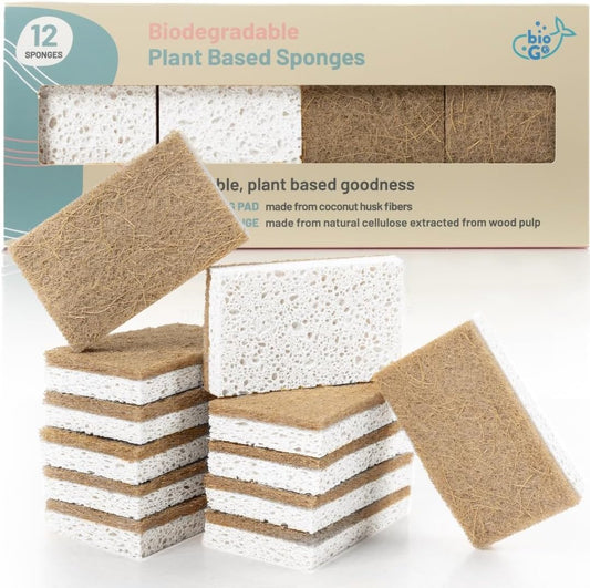 bioGo White 12 Pack Biodegradable Kitchen Sponge - Eco-Friendly, Compostable, Natural Cellulose Dish - Compostable - Biodegradable - Cellulose Sponges Kitchen