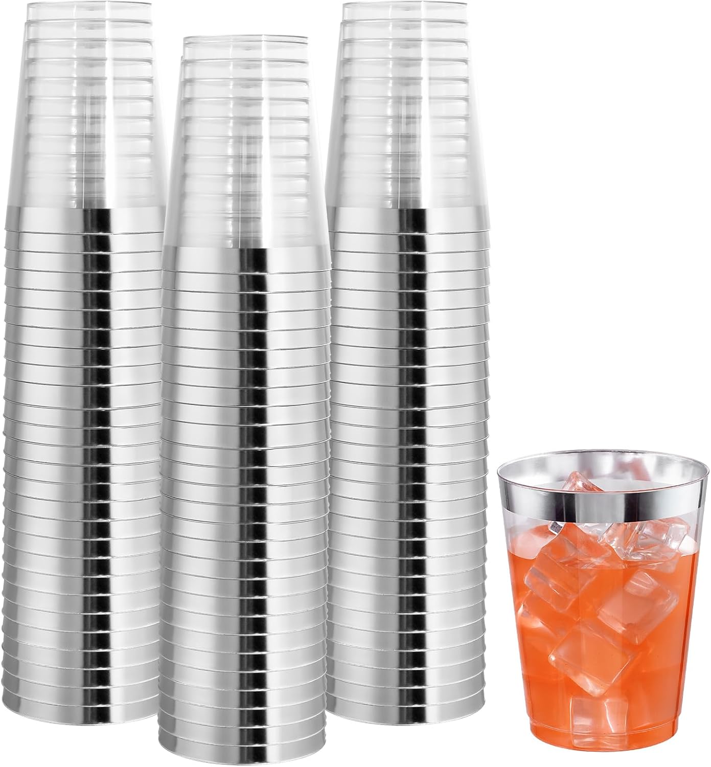 I00000 100PCs Silver Plastic Cups, 10 oz Clear with Silver Trim, Heavy-Duty Disposable Hard Plastic Cups for Party & Wedding