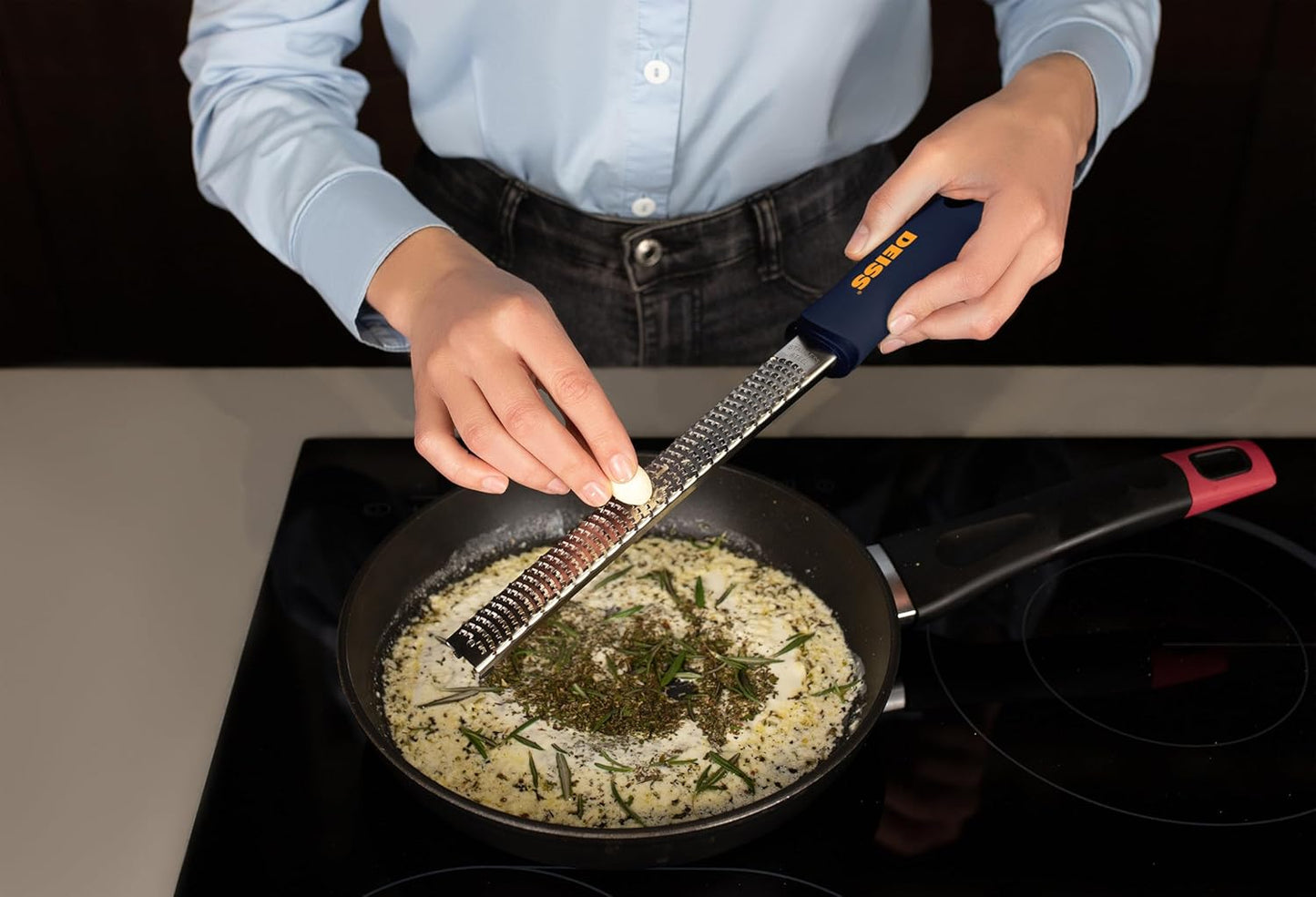 Deiss PRO Citrus Zester & Cheese Grater - Parmesan Cheese Lemon, Ginger, Garlic, Nutmeg, Chocolate, Vegetables, Fruits - Razor-Sharp Stainless Steel Blade, Wide, Dishwasher Safe (BLACK)