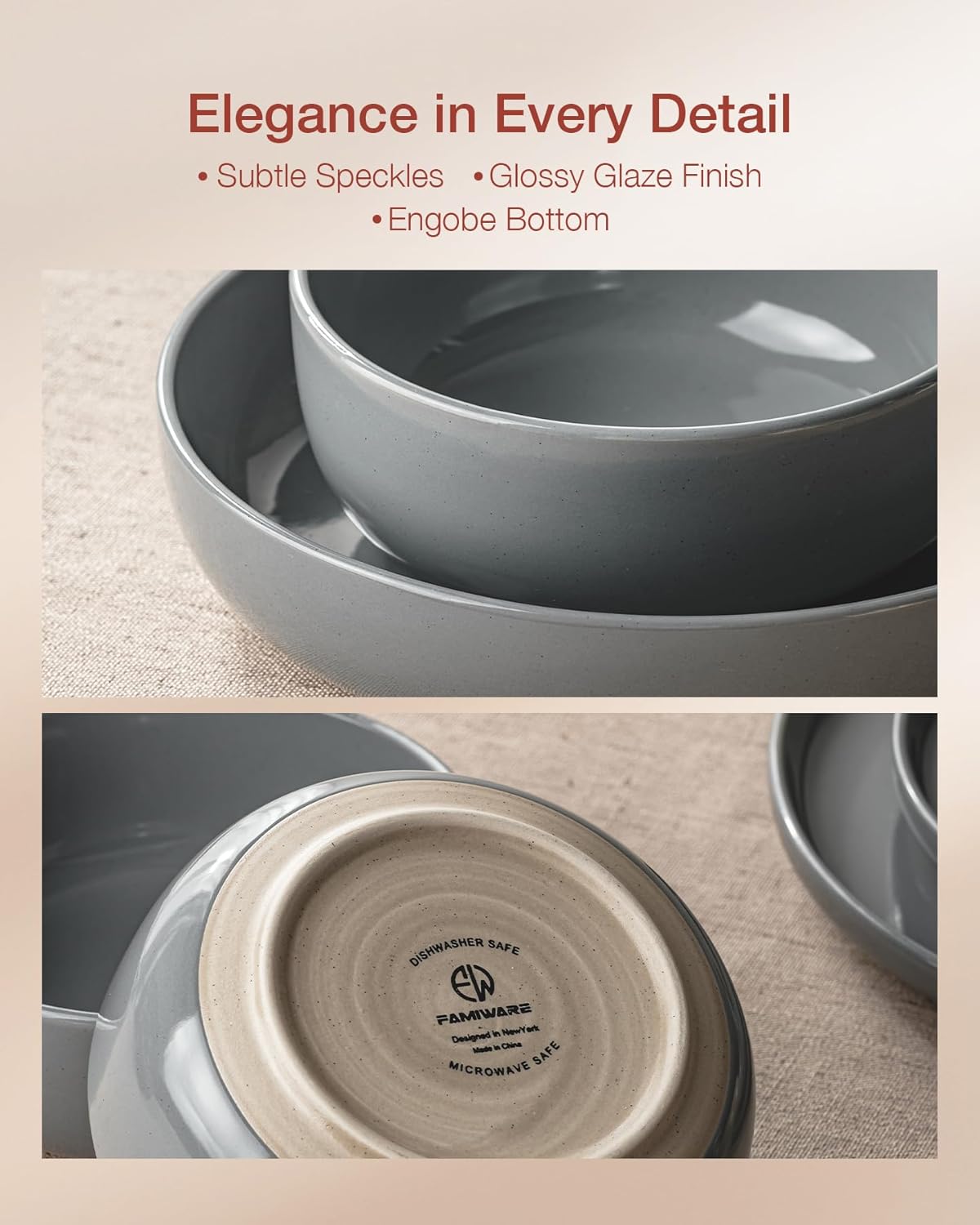 Famiware Milkyway Plates and Bowls Set, 18 Pieces Dinnerware Sets, Dishes Set for 6, Dark Gray