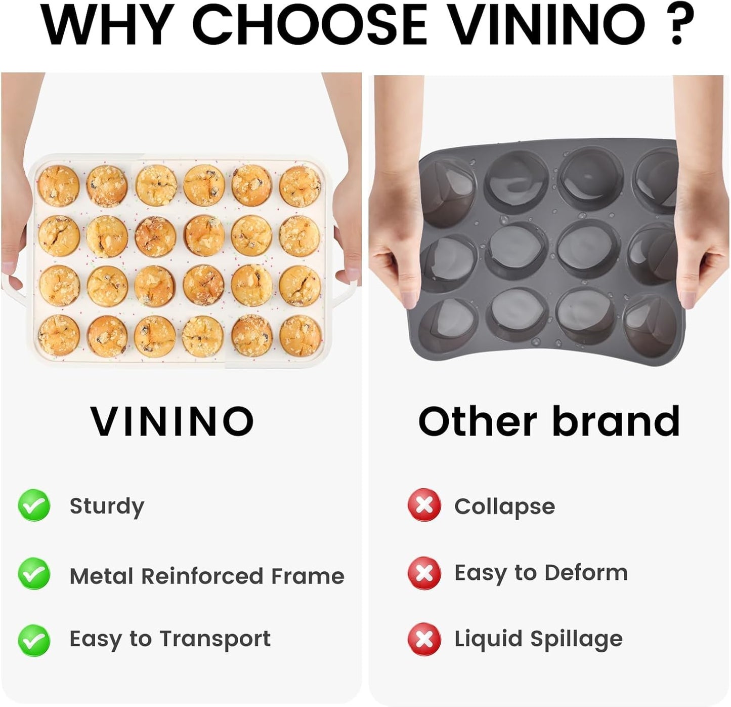 Vinino Mini Muffin Pan with Metal Reinforced Frame-1Pack, Silicone Cupcake Pan for Baking 24 Cup Mini Size, BPA Free Silicone Muffin Tray, Cupcake Baking Pan Molds for Oven Dishwasher Safe-Cream