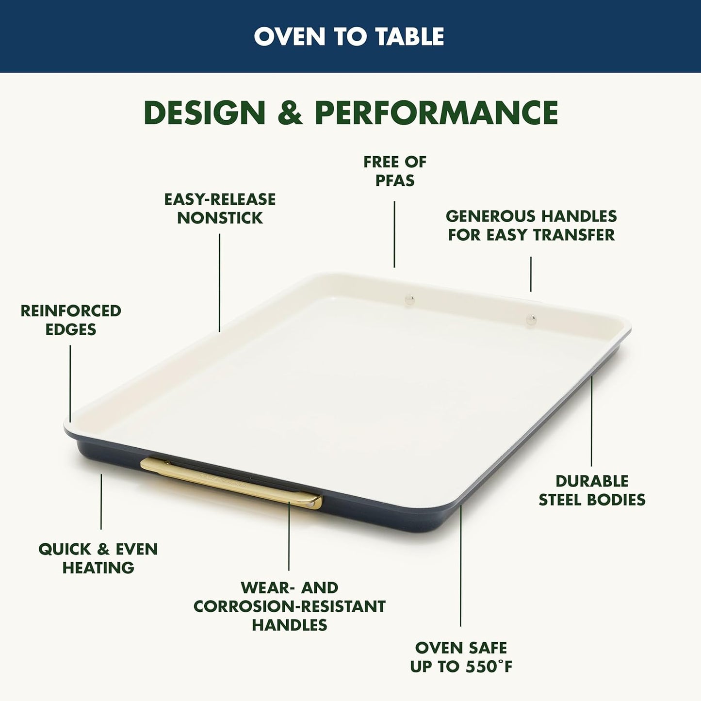GreenPan Bakeware 13" x 9" Quarter Sheet Pan, Ceramic Nonstick Baking Pan, PFAS & BPA Free, Gold Handles, Durable Steel, Versatile & Space Saving Ovenware, Freezer to Oven Dish, Oxford Blue