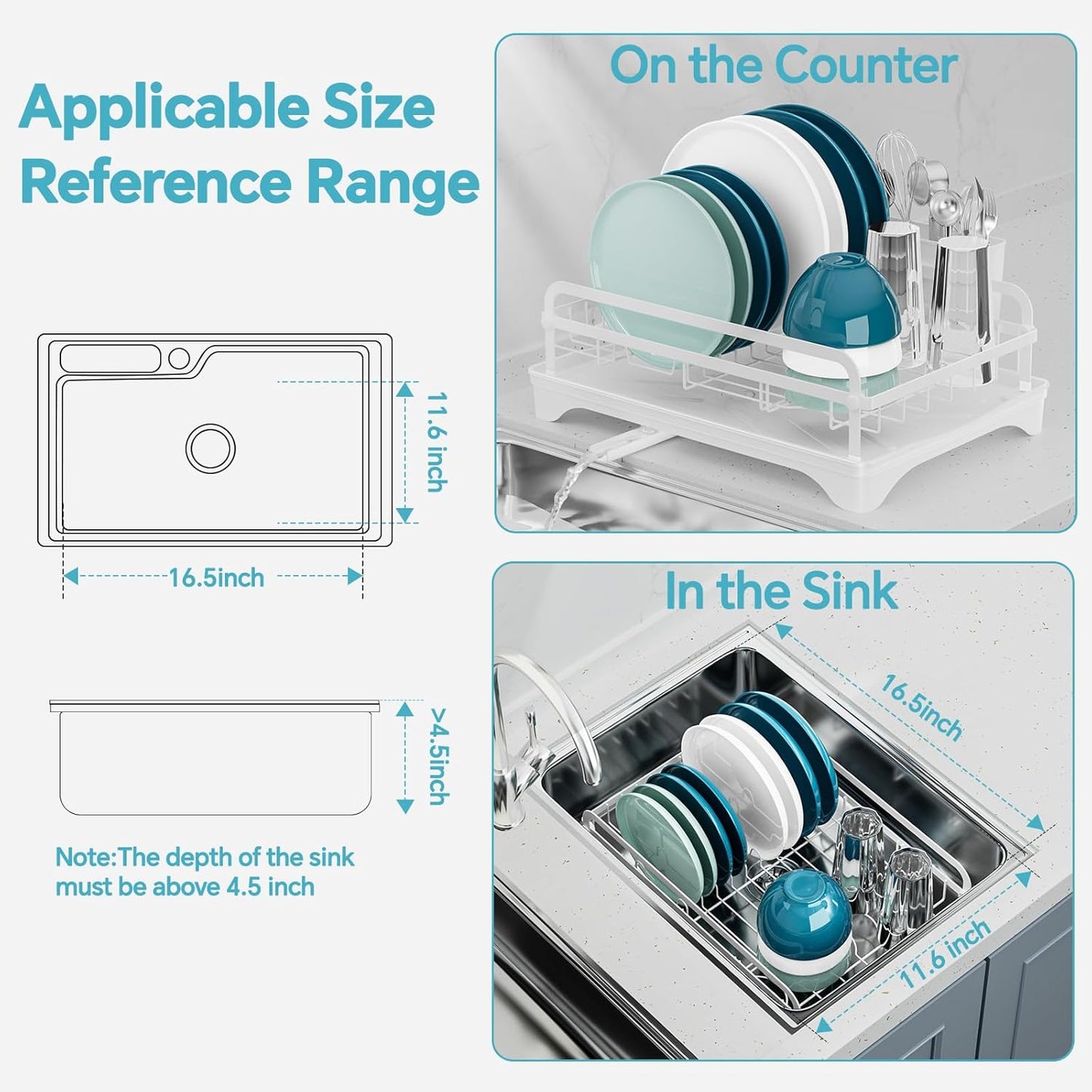 Dish Drying Rack Kitchen - Dish Racks for Kitchen Counter Space-Saving, Dish Drainer with Automatic Drain and Adjustable Spout, Dishwasher Rack with Cutlery Holder, Easy to Install, White