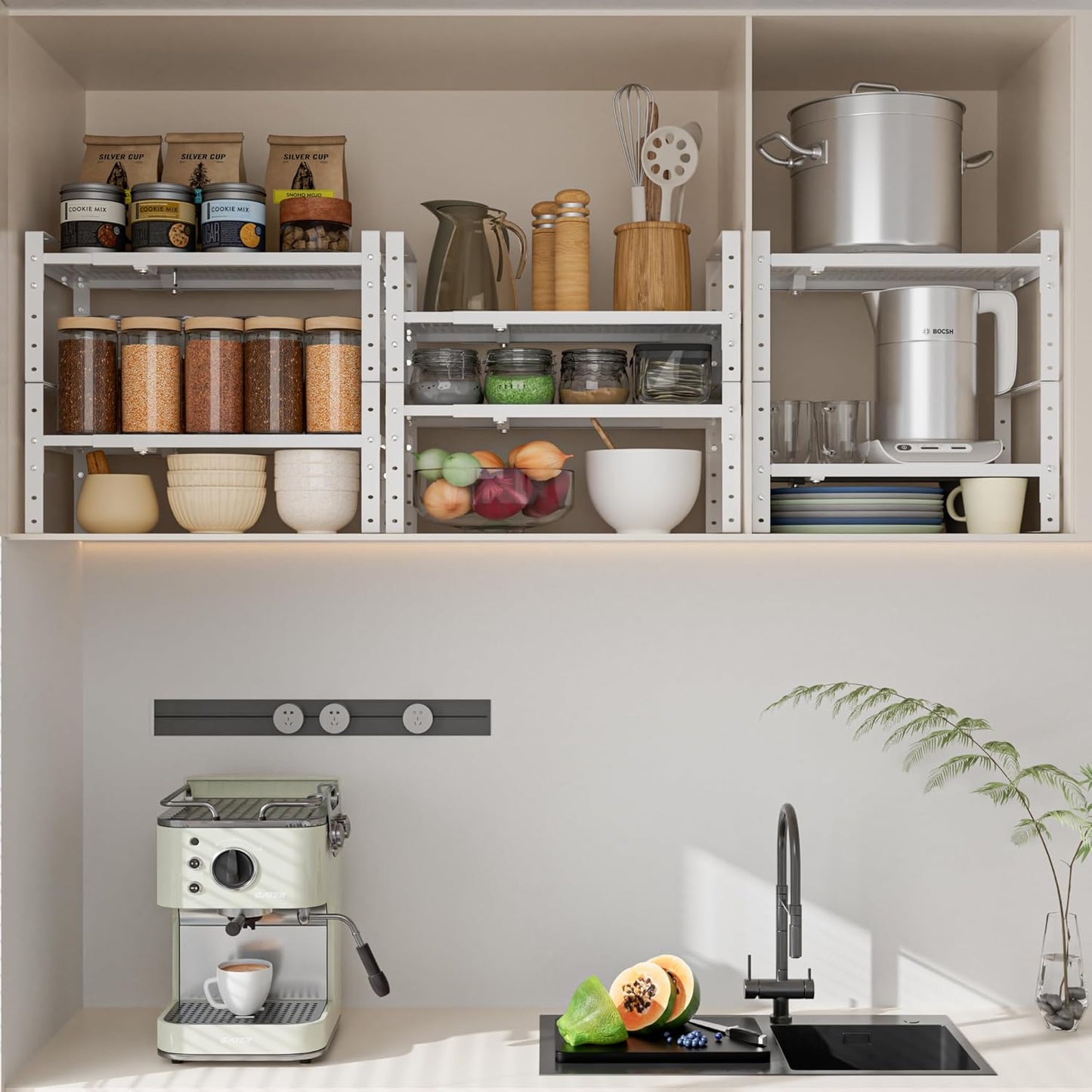 Expandable,Adjustable & Stackable Spice Rack, Cabinet Kitchen Countertop Shelf Organizer,Metal Pantry Storage Shelves - Space-Saving Storage Solution(1Pack/White/Medium)