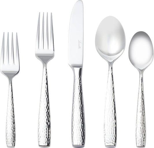 Luciella Ponza Flatware Set for 8, 45-Piece Stainless Steel Silverware Set with Serving Utensils, Timeless Hammered Design, Rust-Resistant, Mirror Polished & Dishwasher Safe