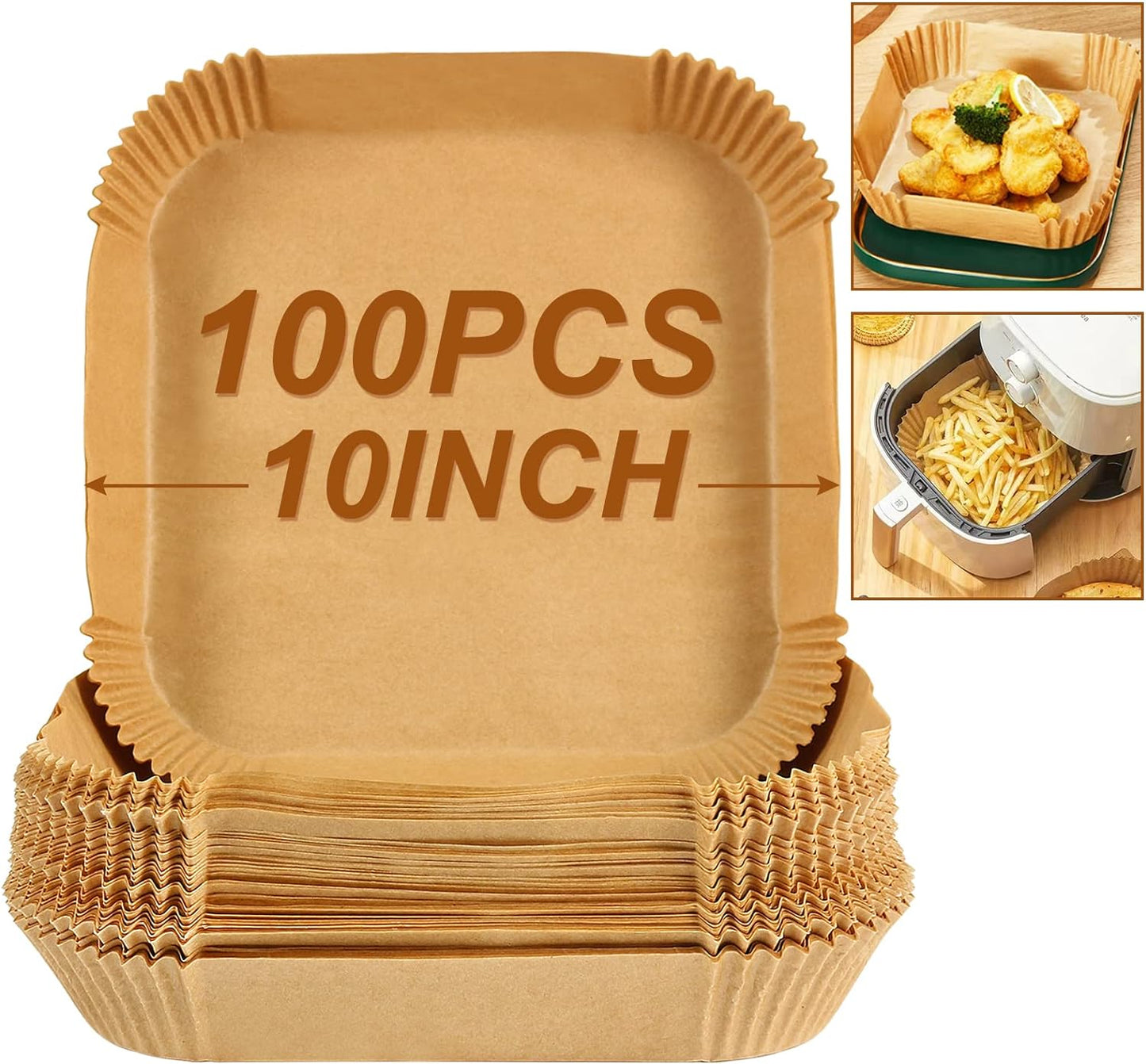 BYKITCHEN Large Air Fryer Liners, Set of 100, 10 Inch Square Air Fryer Liners, XL Airfryer Disposable Paper Liner, Compatible with Corsori, Ninja, Gourmia Airfryer and More