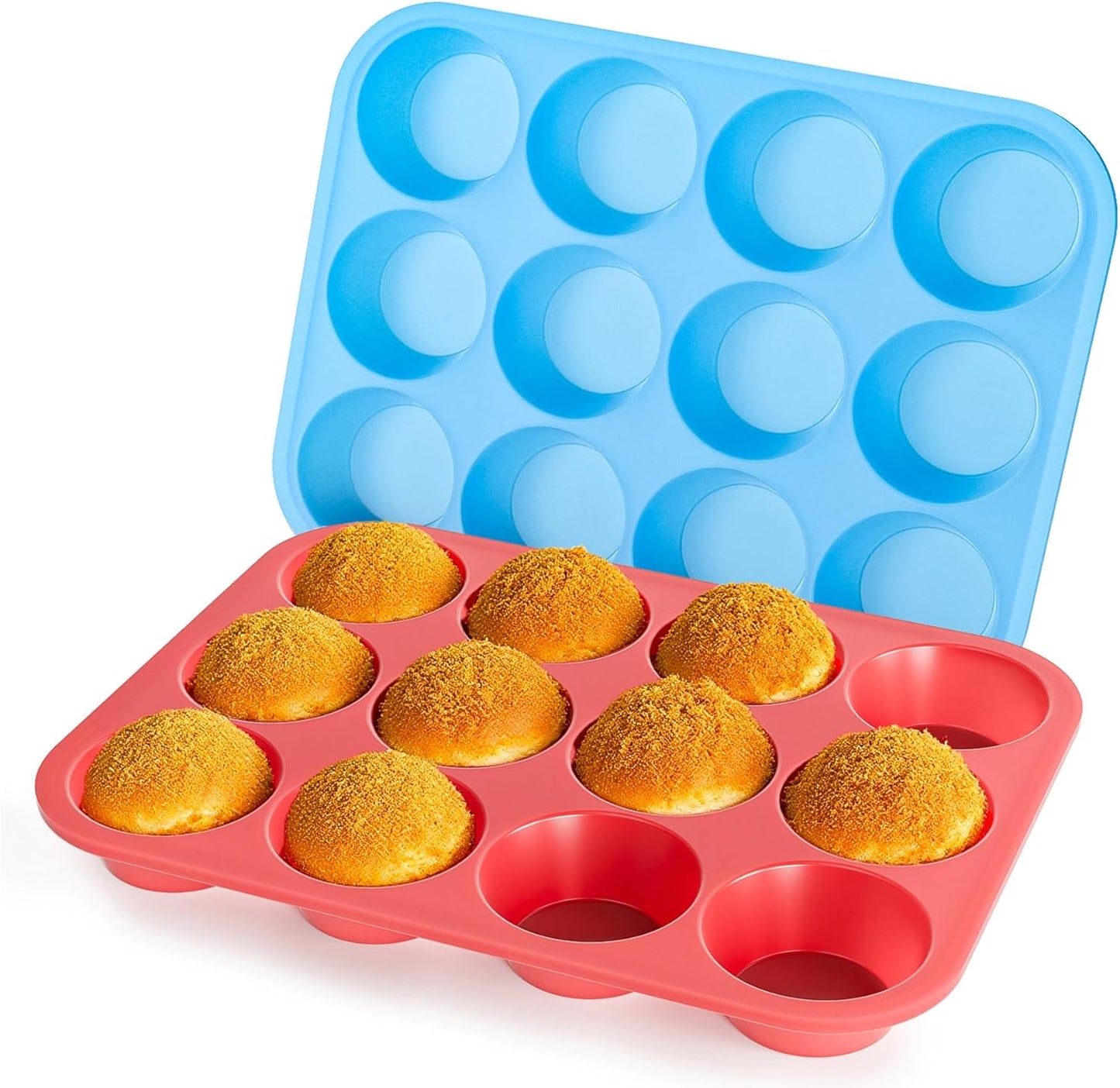 Bangp 12-Cup Silicone Muffin Pan with Metal Reinforced Frame,2 Pack Regular Size Cupcake Pan,Premium Non-Stick Bend Resistance Silicone Molds for Making Muffin,Cakes,Tart,Egg Bites (Red & Blue)