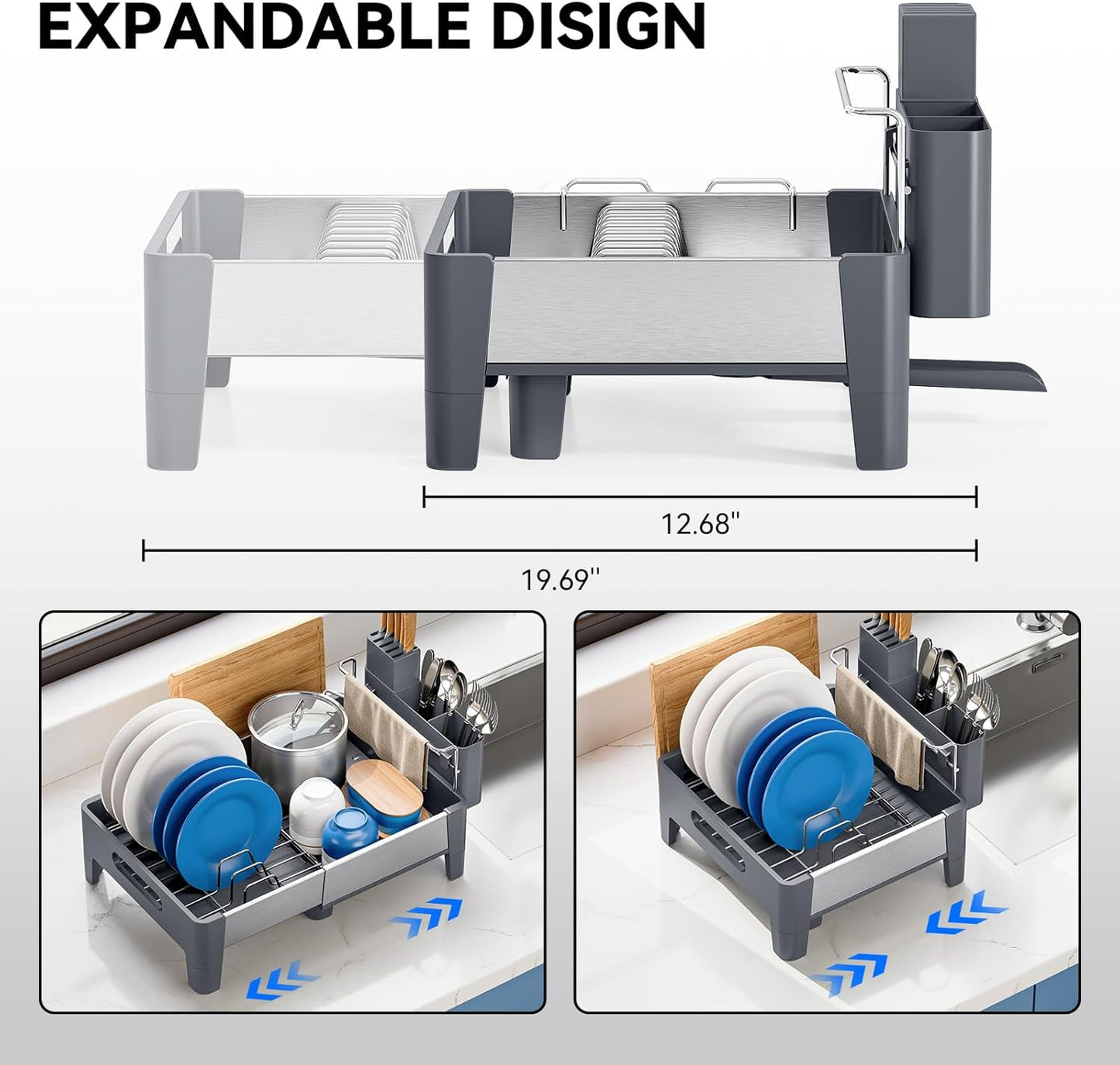 Expandable Dish Drying Rack, Stainless Steel Dish Rack with Aluminum Frame, Dish Drainer for Kitchen Counter, Space Saving Kitchen Drying Rack with Movable Utensil Holder,Gray