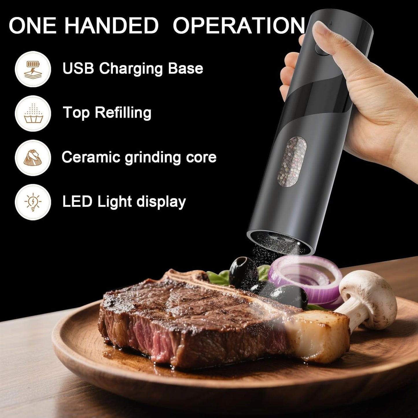 Electric Salt and Pepper Grinder Set with Charging Base，Matte Automatic Pepper Grinder Set Top-Refill, Flexible Coarsenes, 110ml Larger Capacity with LED Light for Home Kitchen (2 pack)