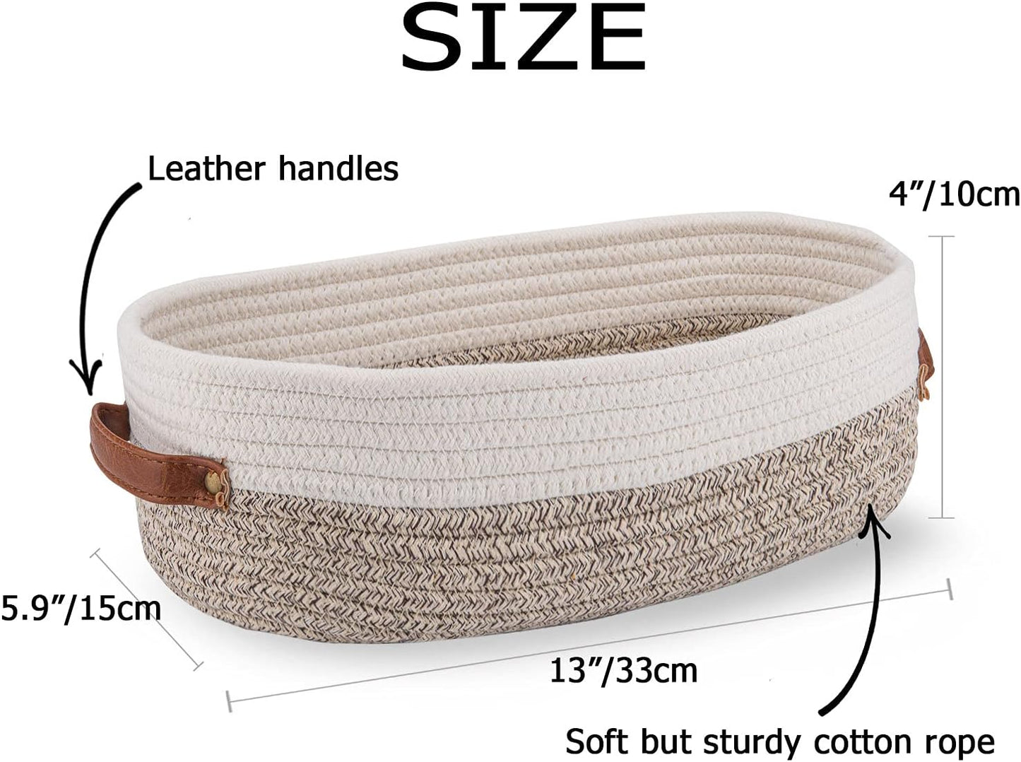 Woven Storage Basket for Toilet Tank Top,Farmhouse Home Decor Organizing Basket for Bathroom,Table and Counter 13"x5.9"x4" Apricot Stitching White