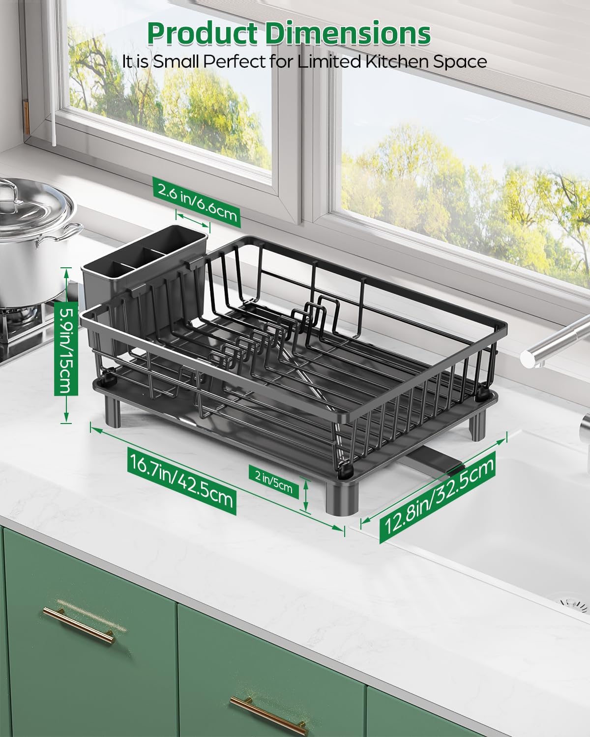 Dish Drying Rack, Stainless Steel Drainer Rack with Drainboard with Smart Drainage System, Space Saving Dish Strainer for Kitchen Counter with Cutlery Holder, Black