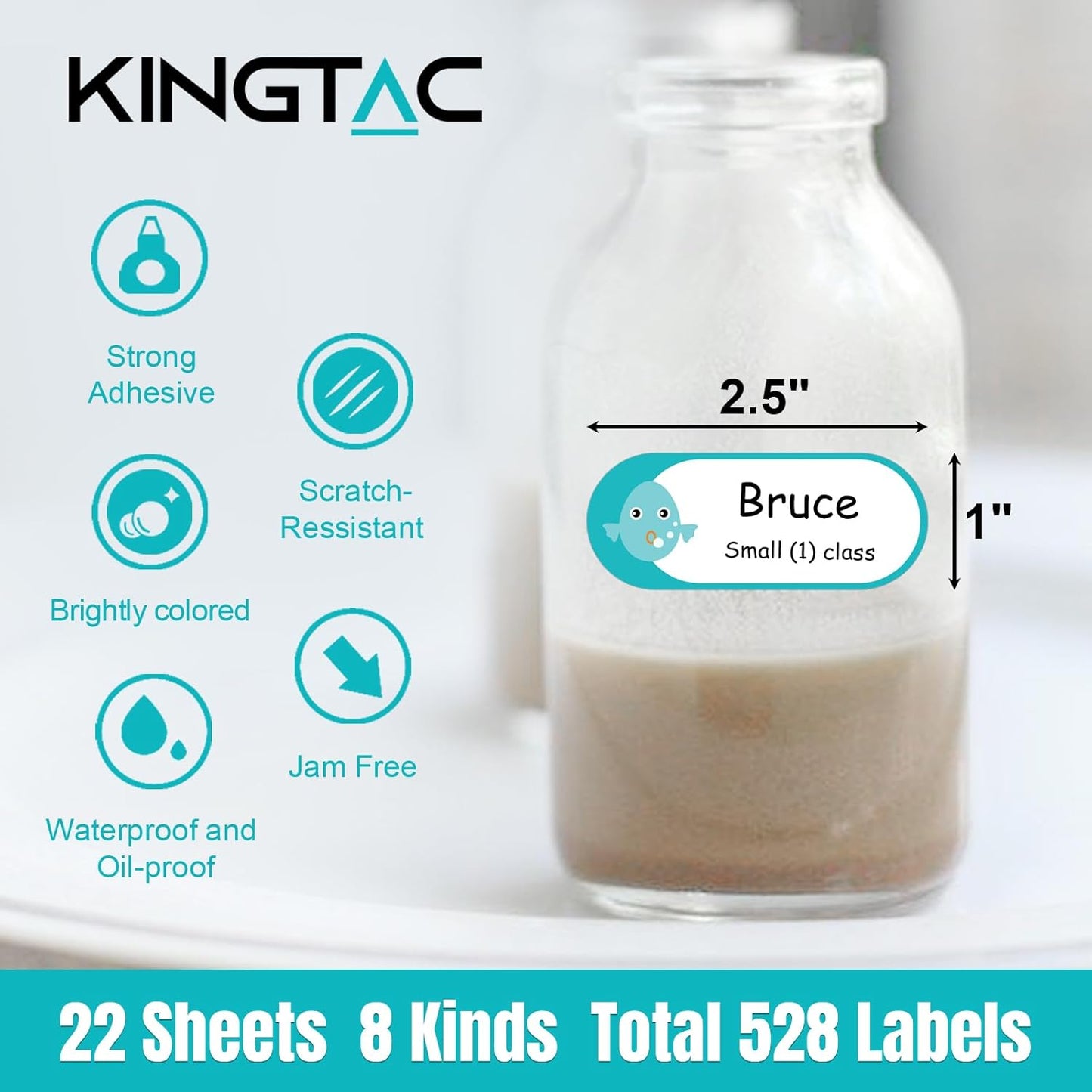 Kingtac 528 Pcs 1''x2.5''Milk Breast Bottle Labels,Baby Bottle Labels for Daycare,Food Grade Safety Stickers，Writable Label for Food Containers,Waterproof, Stain-Proof and Scratch-Resistant