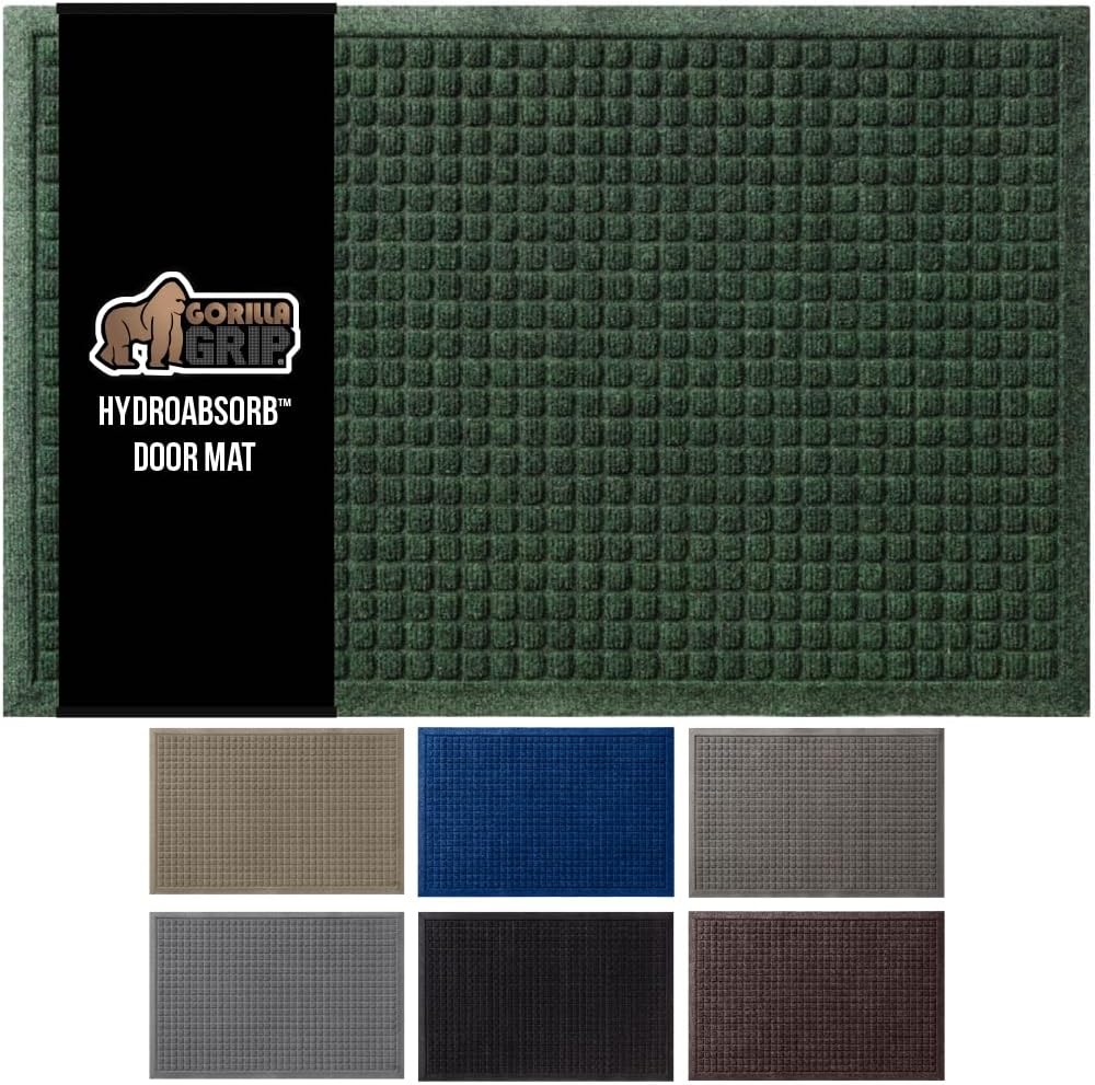 GORILLA GRIP Front Door Mat, Indoor Outdoor Ultra Absorbent HydroAbsorb Doormat, Absorbs Up to 1.7 Cups of Water, Stain and Fade Resistant, Rubber Backing Doormats, Captures Dirt, 29x17 Green