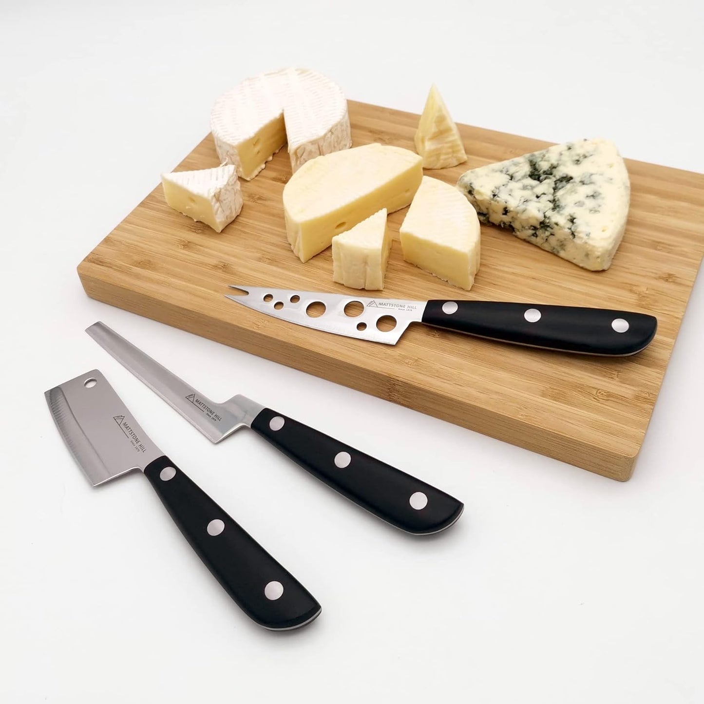 Cheese Knife Set, MATTSTONE HILL Cheese Knives - Soft & Semi Hard Cheese Knife, Soft Cheese Slicer, Cheese Cleaver, Premium Stainless Steel, Black Handle