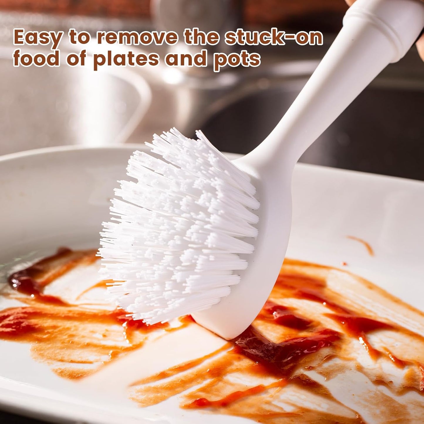 Dish Brush with Handle, Dish Scrub Brush with Built-in Scraper, Nylon Dish Scrubber, Kitchen Brushes for Dishes,Pots, Pans and Sinks 2 Pack