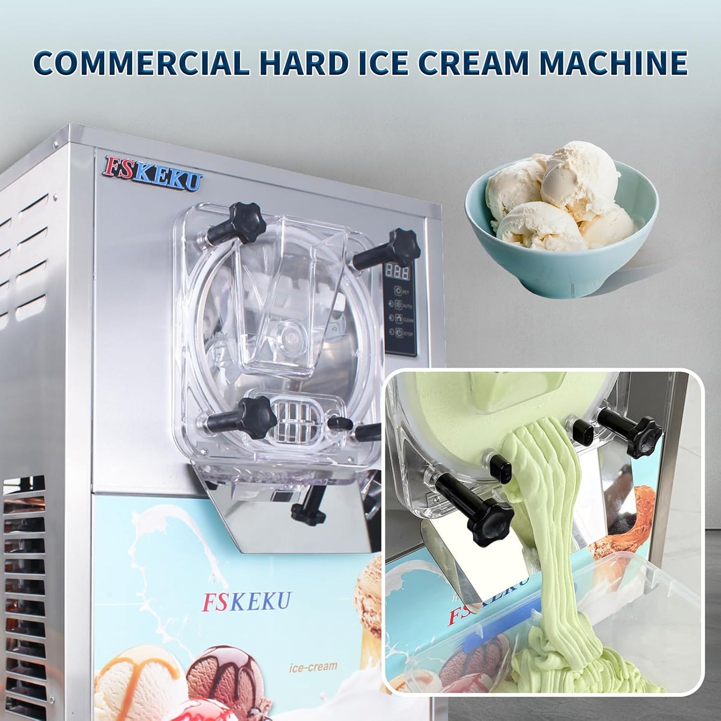 Hard Ice Cream Maker Commercial Gelato Machine 16-24L/H, 5.3 Gph Capacity Suitable for Restaurant/Bar/Home, Auto Clean LED Display Maquina De Helado 1400W