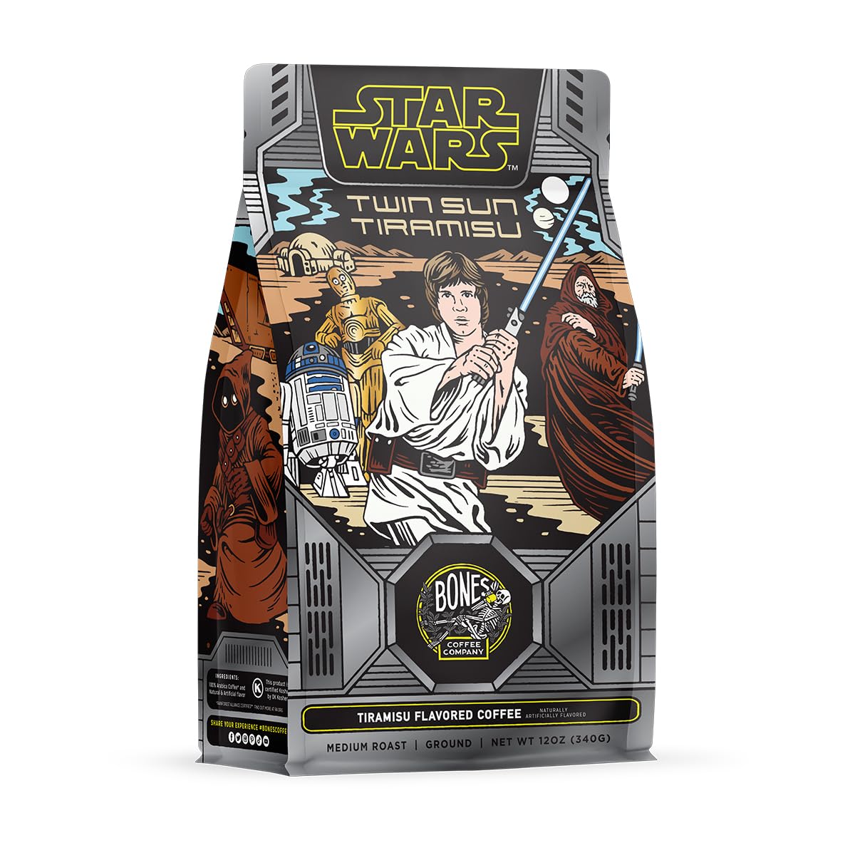 Bones Coffee Company Star Wars Twin Sun Tiramisu Flavored Coffee, Medium Roast Low Acid Arabica Beans Compatible with Auto drip and French Press Coffee Maker, 12 Oz Ground