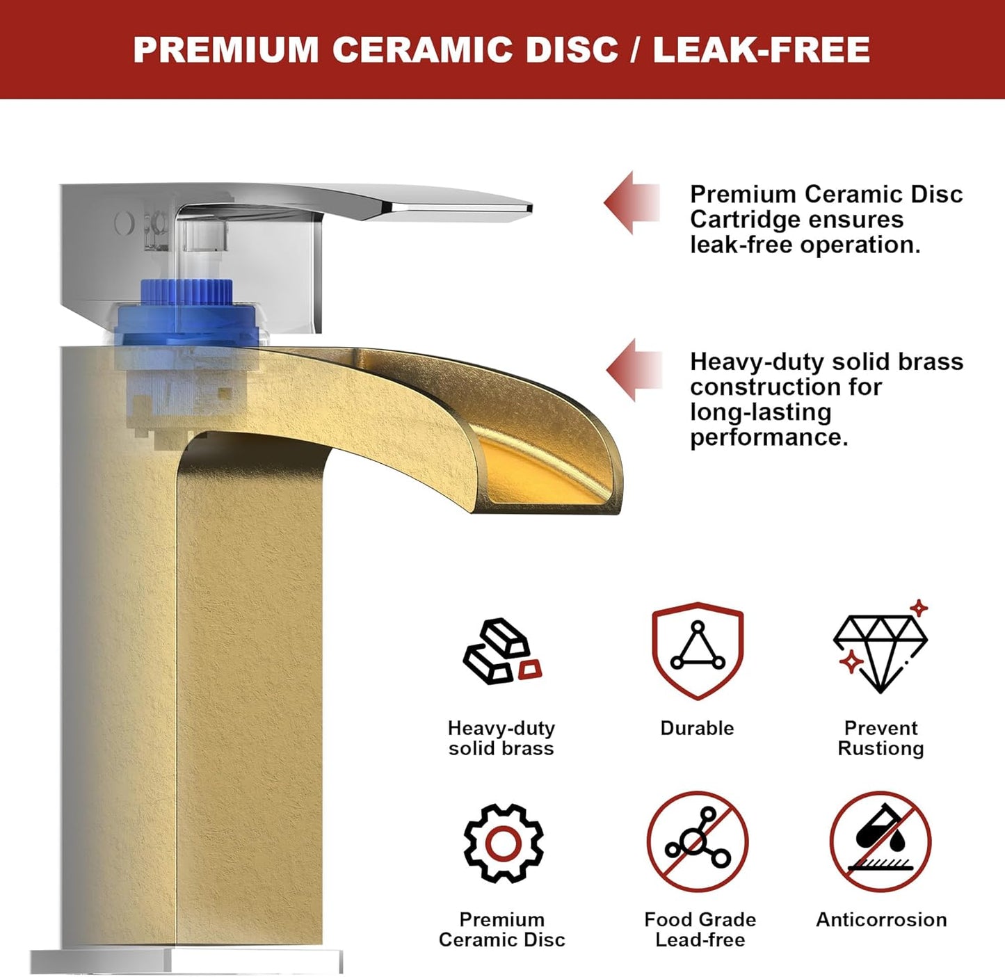 Polished Chrome Bathroom Faucet 1 Hole Waterfall, Vanity Faucet for Sink Single Handle Modern Mixer Tap with Pop-up Drain Stopper for Lavatory Farmhouse RV