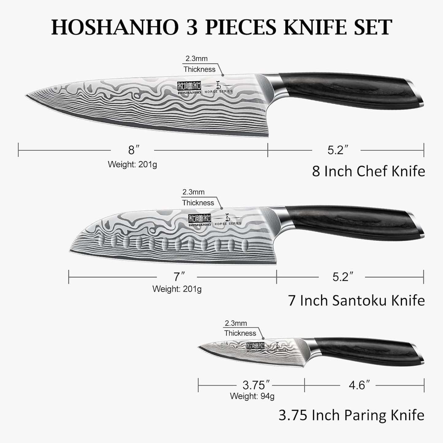 HOSHANHO 3 Pieces Knife Set, Professional High Carbon Powder Steel Kitchen Knife Set, Ultra Sharp Knives Set for Kitchen with Elegant Gift Box