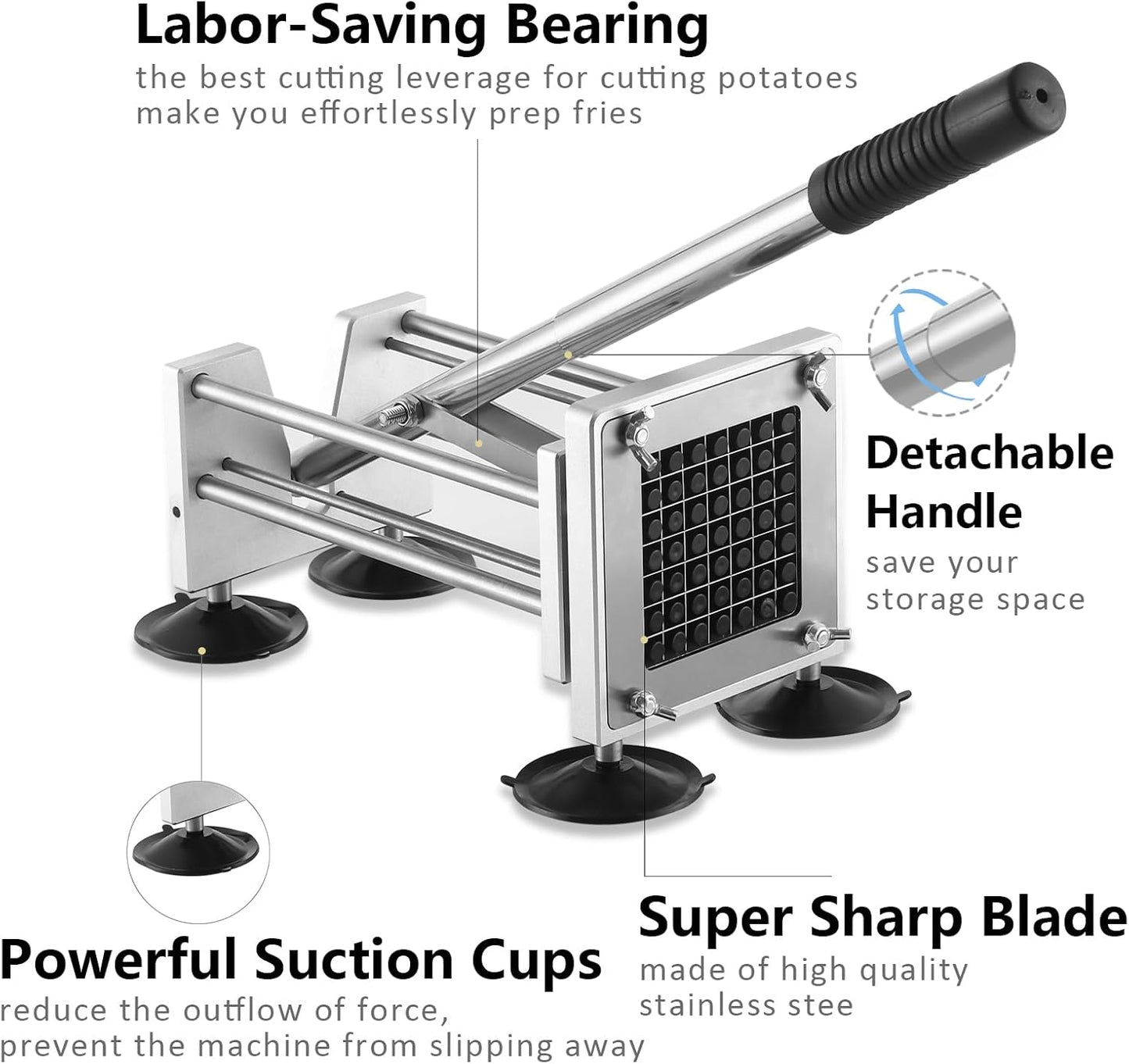 French Fry Cutter, Potato Slicer Fry Cutter with Detachable Handle， Stainless Steel Potato Cutter Includes 3/8",1/2" Blades with 4 Suction Feet for Potato, Carrot, Cucumbers