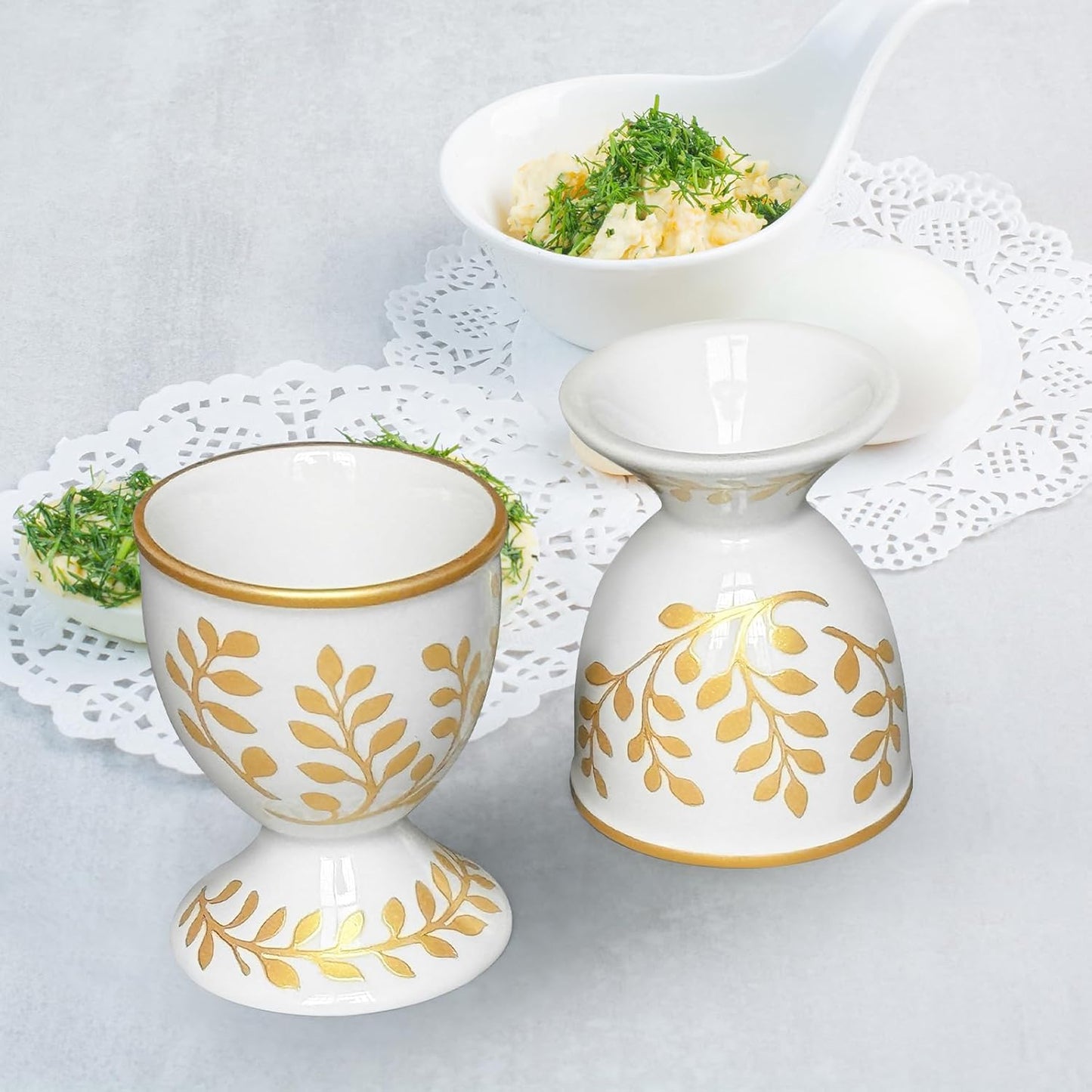 Cinf Ceramic Egg Cup Set of 2 Faux Porcelain Holder Breakfast Boiled Cooking Easy to Clean Childhood Memories Kitchen