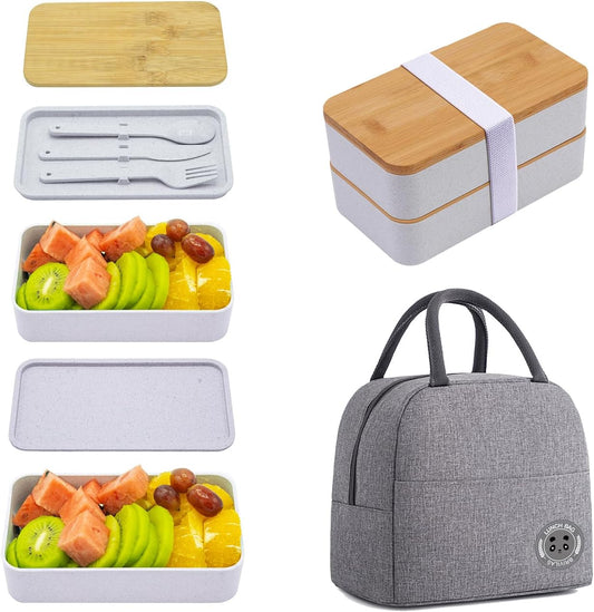 Bento Box Adult Lunch Box with lunch bag, Japanese Stackable Lunch Box Containers for Adult, Bento lunch Box with Dividers Grey