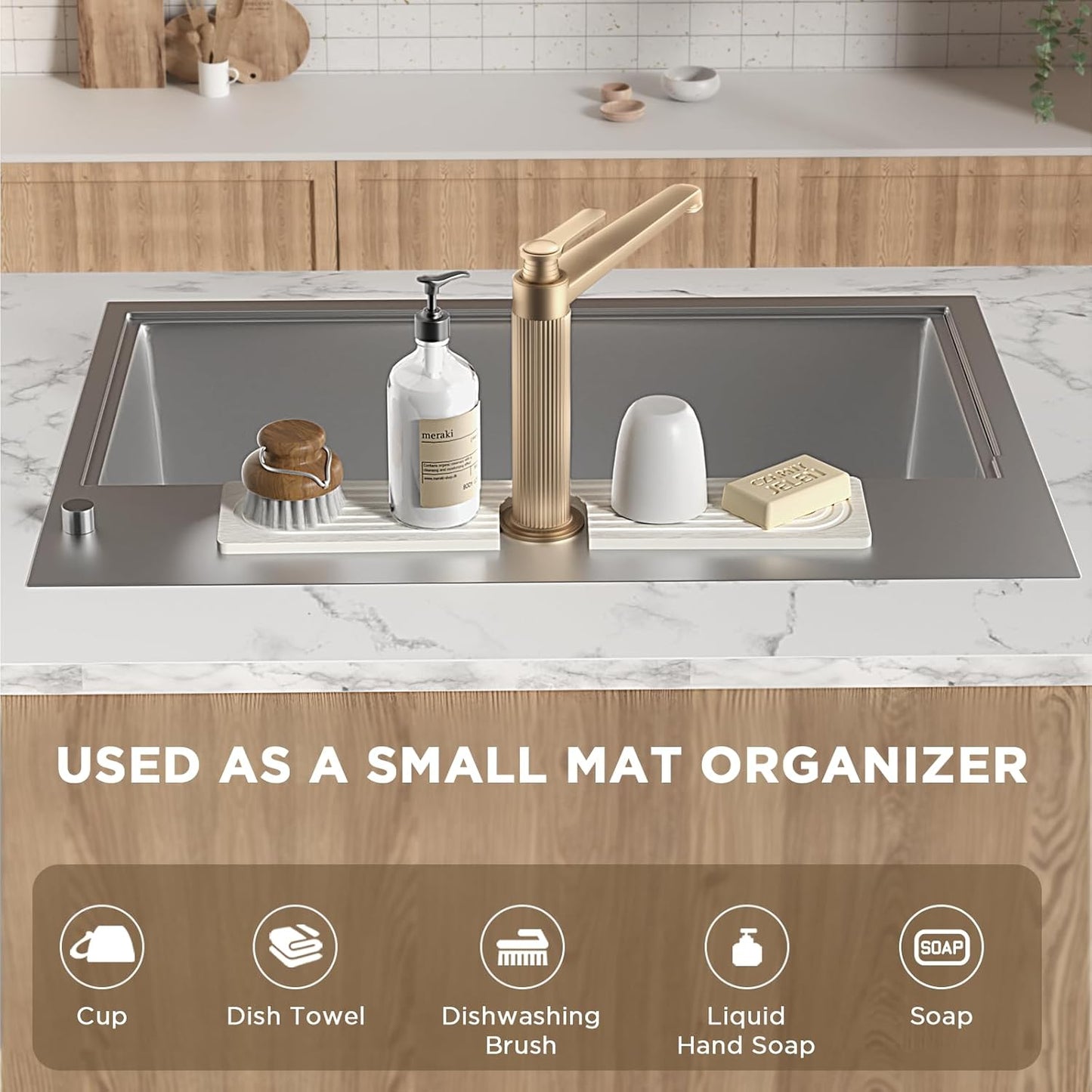 Faucet Mat for Kitchen Sink, Diatomite Stone Drying Sink Protectors, Bathroom Faucet Splash Guard, Quick Dry Water Absorbing, Non-Slip Stone Tray for Kitchen Counter, White, 15.7" x 3.9"