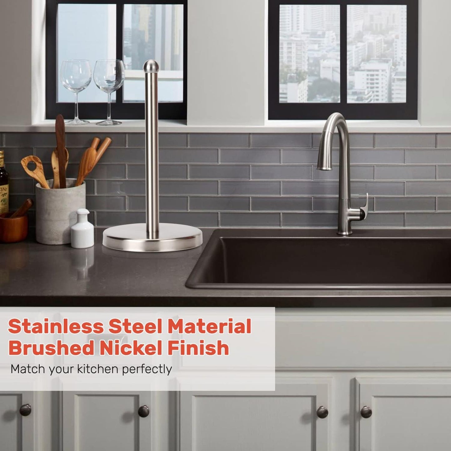 Heavy Weighted Towel Holder, Easy One-Handed Design for Kitchen Stand Dispenser, Sturdy Base for Standard and Mega Paper Rolls (Brushed - Stainless Steel Base)